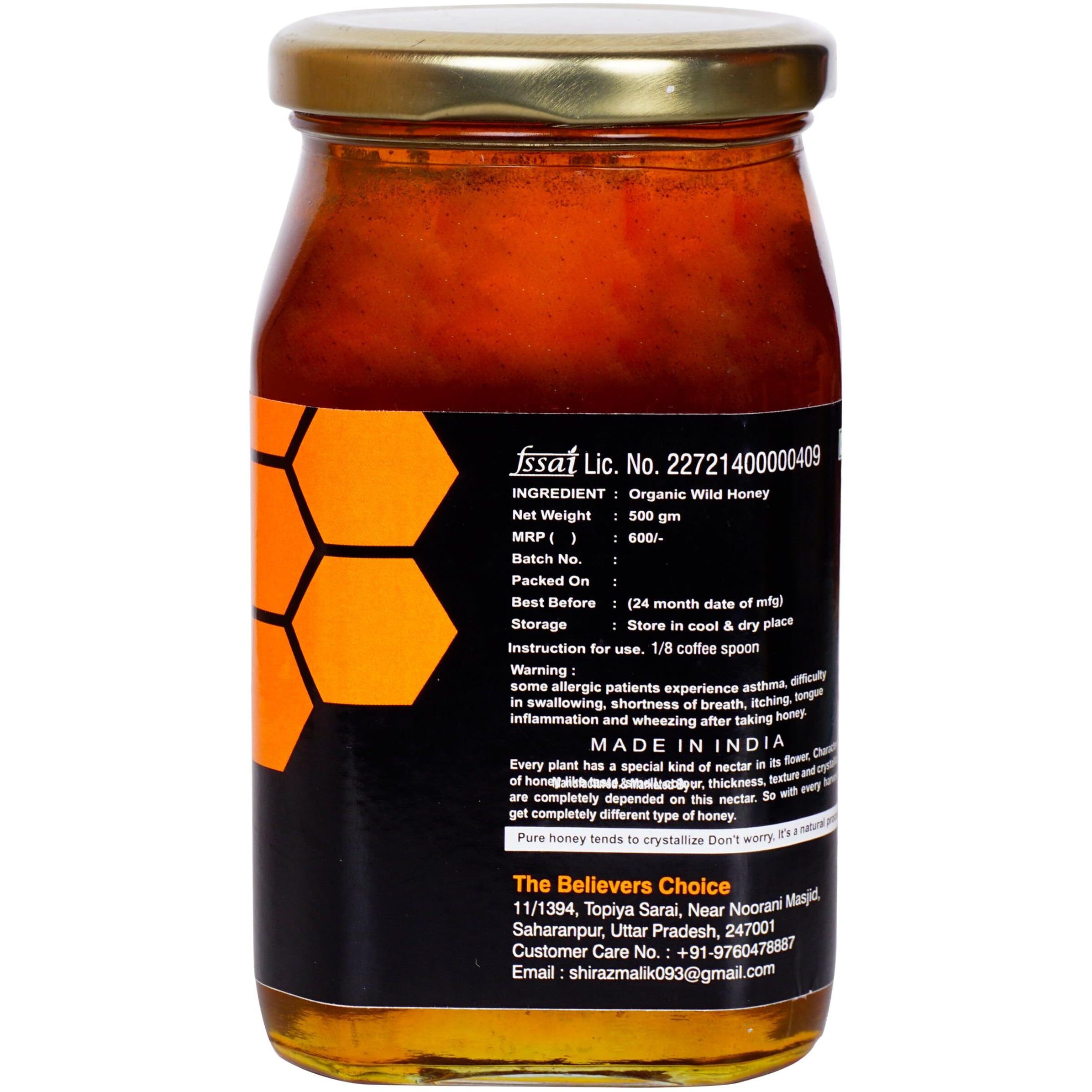 The Believers Choice Raw Organic Forest Honey, Wild, Unprocessed, Unheated, Non Pasteurized, Original Honey 100% Pure and Natural, Collected from Deep Forest, 500 Gram jar