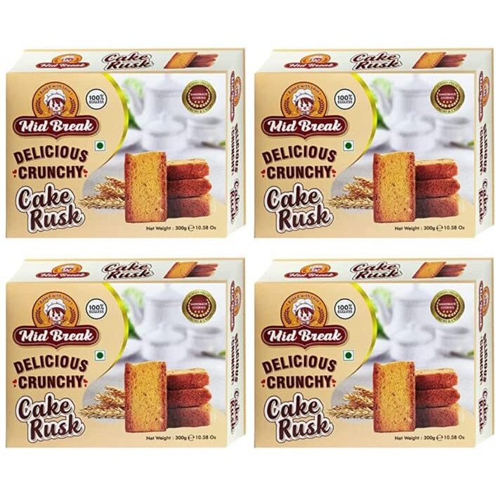 Mid Break - Cake Rusk | Extra Soft | Cake Rusk | 100% Eggless | Premium Handmade Cake Rusks | 300 Gm x 4 | Pack of 4