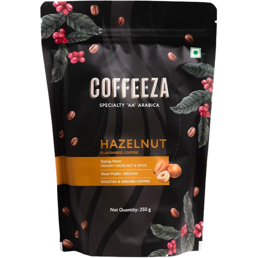 COFFEEZA Hazelnut Flavoured Ground Coffee Powder | Coarse Grind (French Press) | 100% Arabica Premium Grade Coffee, Medium Roasted - 250Gm, Bag