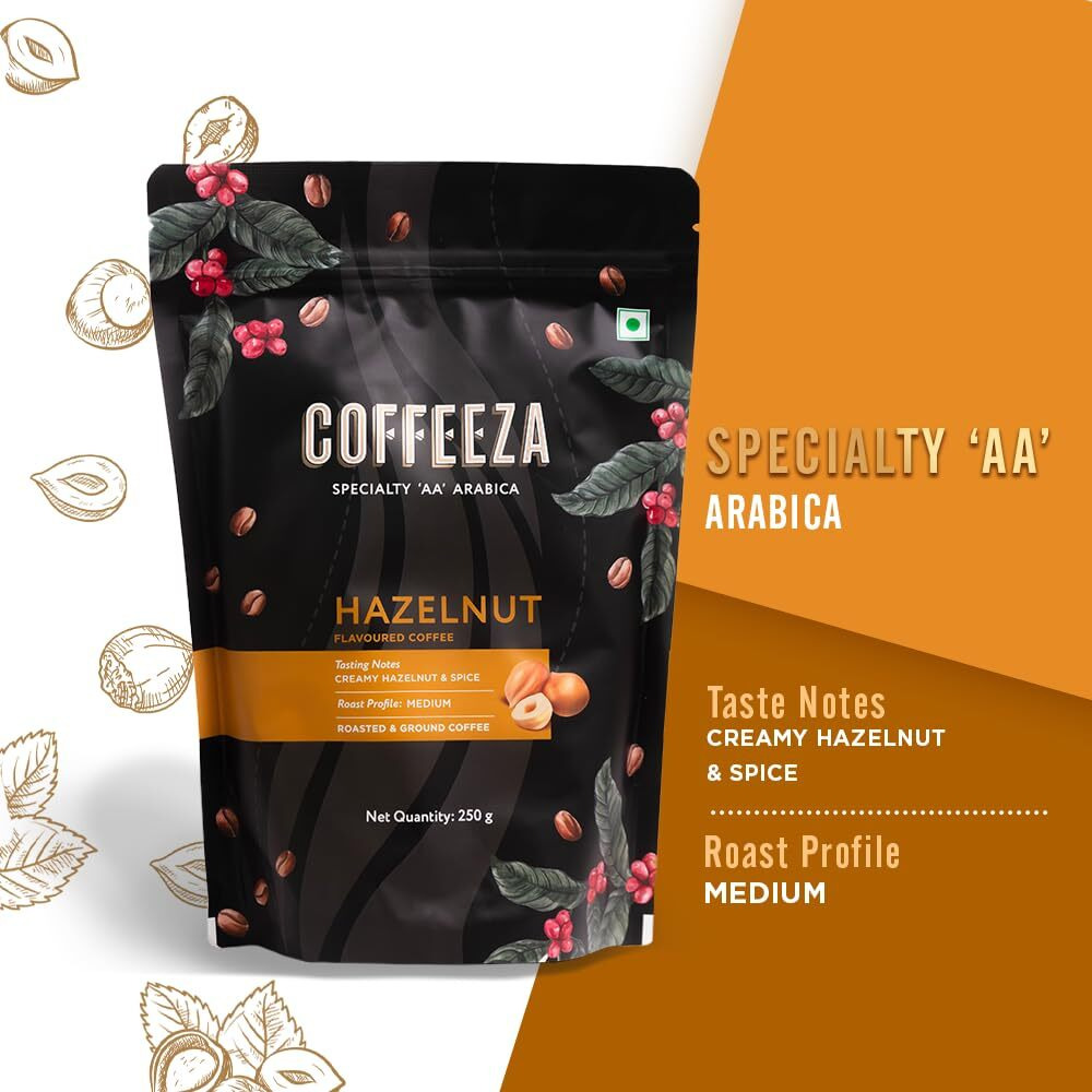 COFFEEZA Hazelnut Flavoured Ground Coffee Powder | Coarse Grind (French Press) | 100% Arabica Premium Grade Coffee, Medium Roasted - 250Gm, Bag
