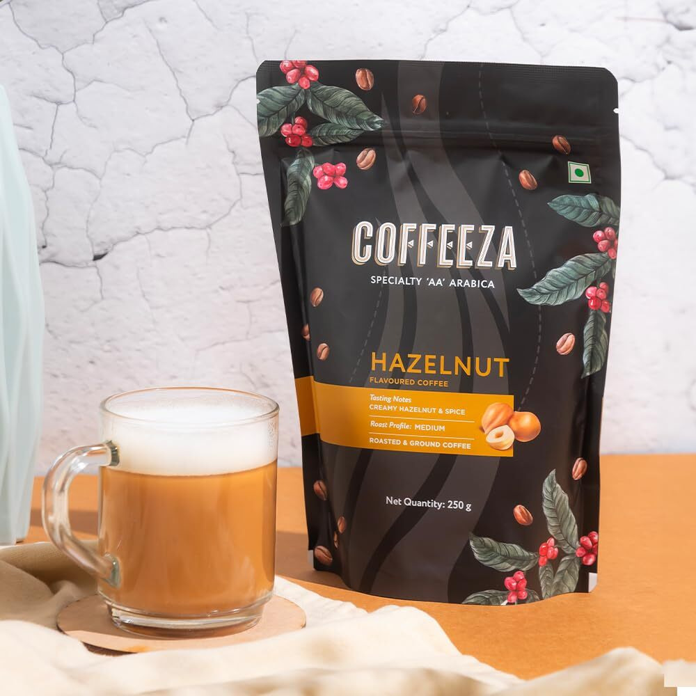 COFFEEZA Hazelnut Flavoured Ground Coffee Powder | Coarse Grind (French Press) | 100% Arabica Premium Grade Coffee, Medium Roasted - 250Gm, Bag