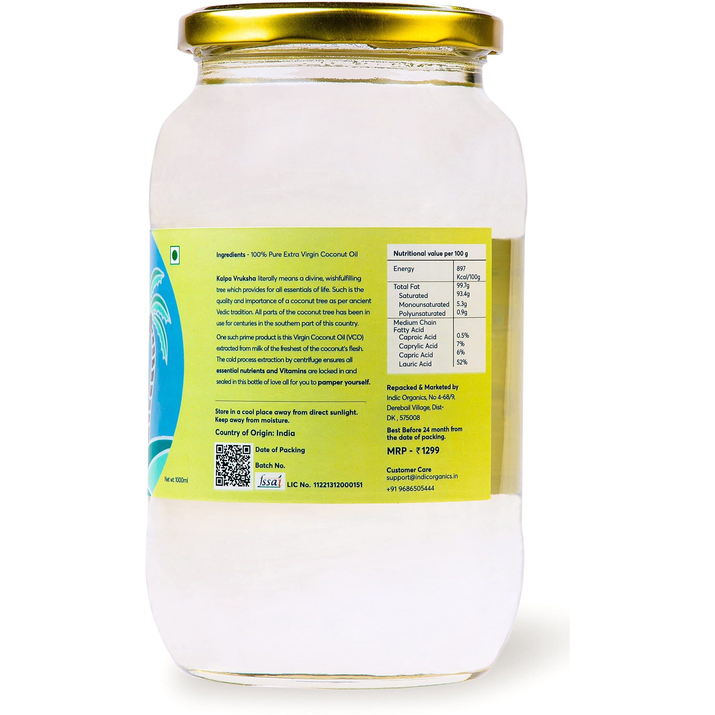Indic Organics Raw Extra Virgin Coconut Oil |Extracted from Kerala Coconuts Fresh Milk |Cold Centrifuge Process, Unrefined & Unprocessed|For Dietary, Hair & Skin Care and Oil Pulling