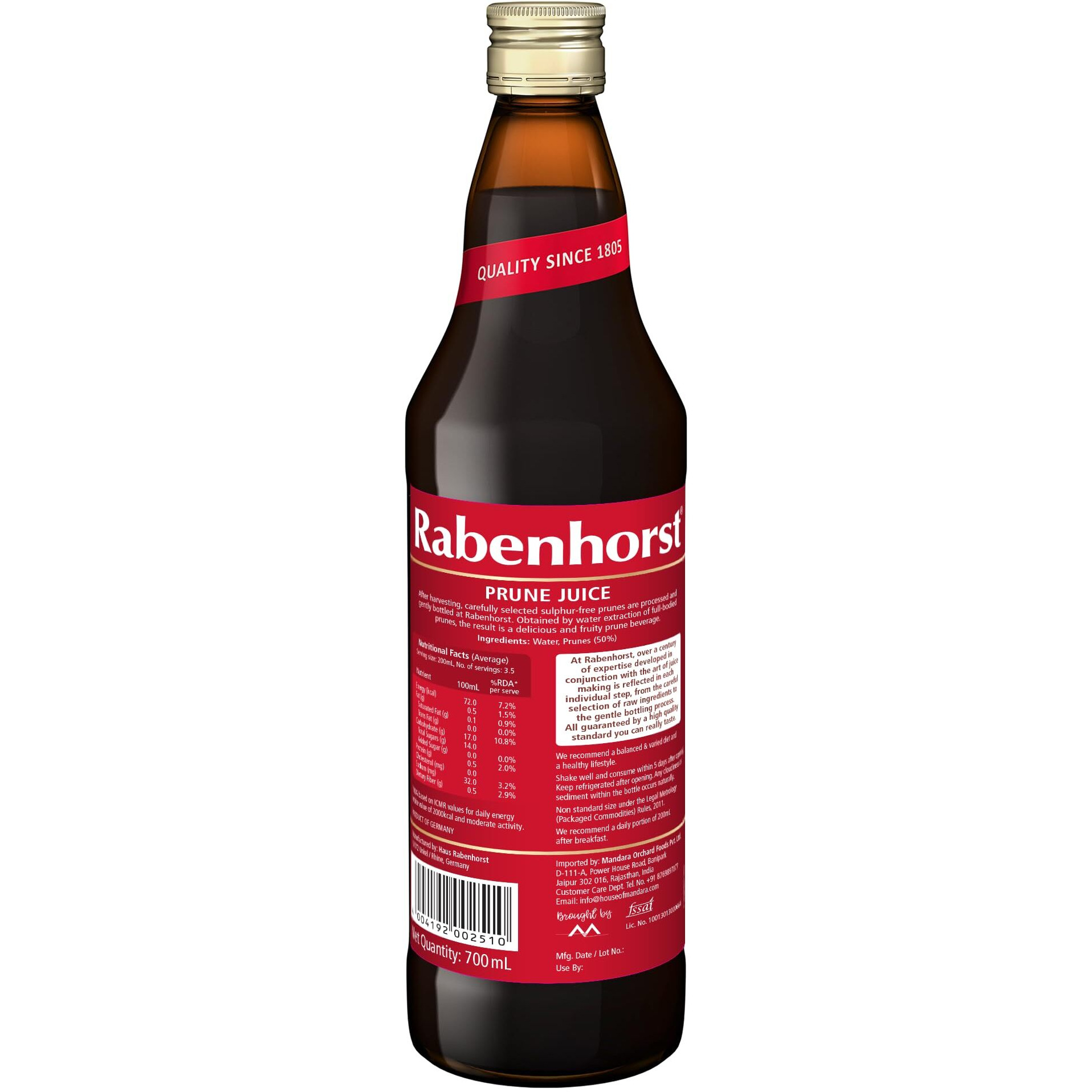 Rabenhorst 100% Prune Juice Sugar Free 700mL