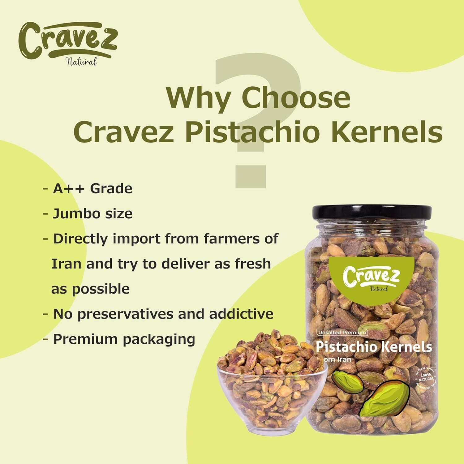 Cravez Premium Unsalted Whole Pista Kernels - 500 gm | Imported | Fresh & Crunchy | (Grade A ++ Nuts, Premium Jumbo Size, Imported) Packed in Vaccum pouch for Freshness