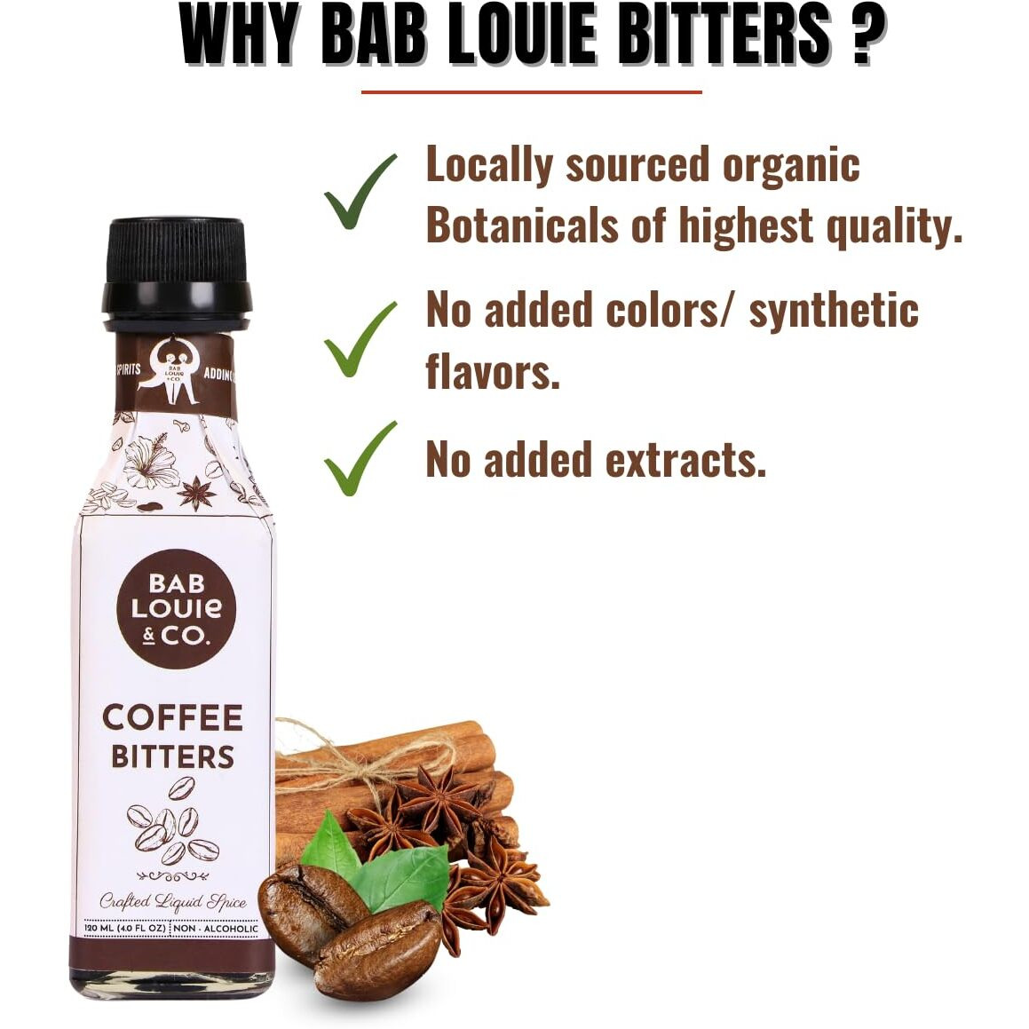 Bab Louie & Co. Coffee Bitter for Cocktails 120ml| Indias First Non-Alcoholic Handcrafted Bitters | 100% Natural Made with Real Fruits, Herbs & Spices | Zero Preservatives | Zero Sugar