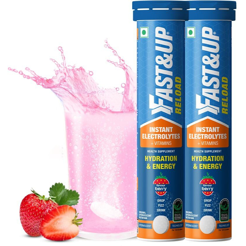 Fast&Up Reload (10 Litres) Low Sugar energy drink for Instant Hydration - 40 Effervescent Tablets with all 5 Essential Electrolytes + Added Vitamins - Certified Electrolytes Drink - Berry flavour