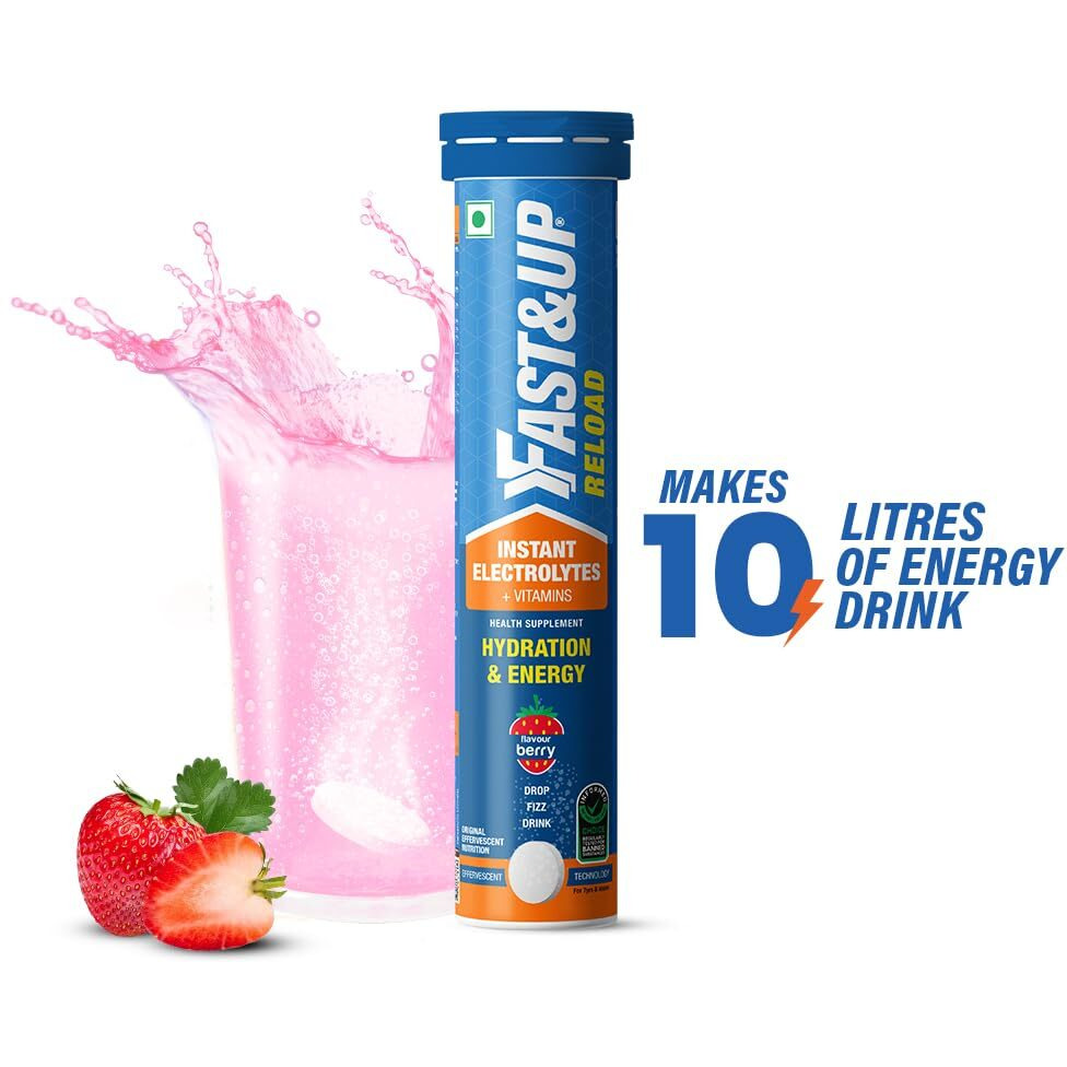 Fast&Up Reload (10 Litres) Low Sugar energy drink for Instant Hydration - 40 Effervescent Tablets with all 5 Essential Electrolytes + Added Vitamins - Certified Electrolytes Drink - Berry flavour
