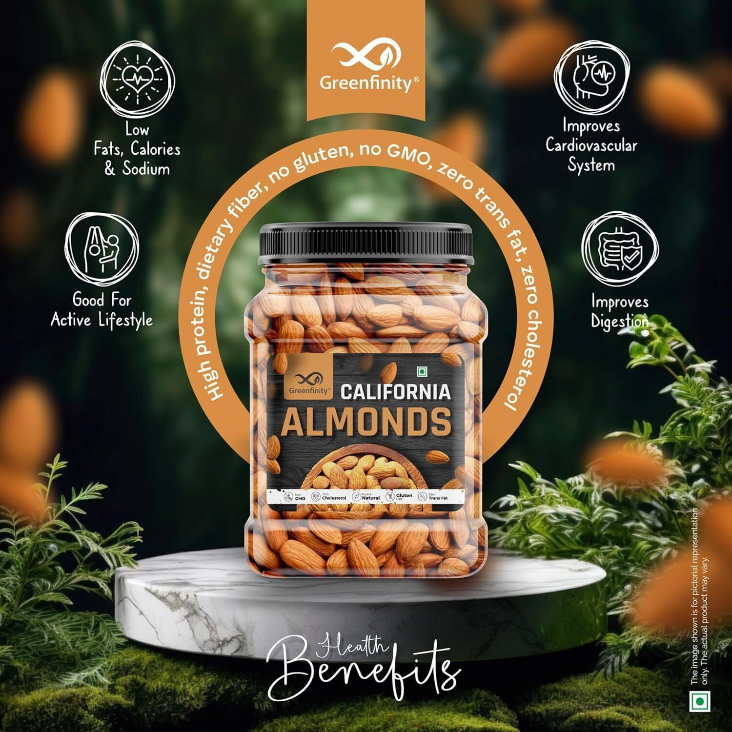 GreenFinity Natural Premium Californian Almonds 1 Kg Value Pack Pouch Nutrient-Rich Snack for Healthy Living and Culinary Delights Helps in Weight Management & Bone Health