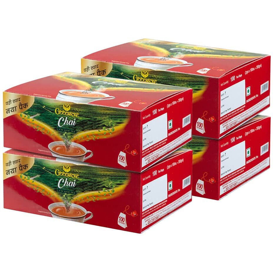 GOODRICKE Ctc Chai Leaf Tea Bag - 100 Tea Bags, (Pack Of 4) | Premium Chai | Enticing Colour And Superior Taste | 100% Natural & Organic Chai | Richer Taste & Flavour, Assam, 720 Gram