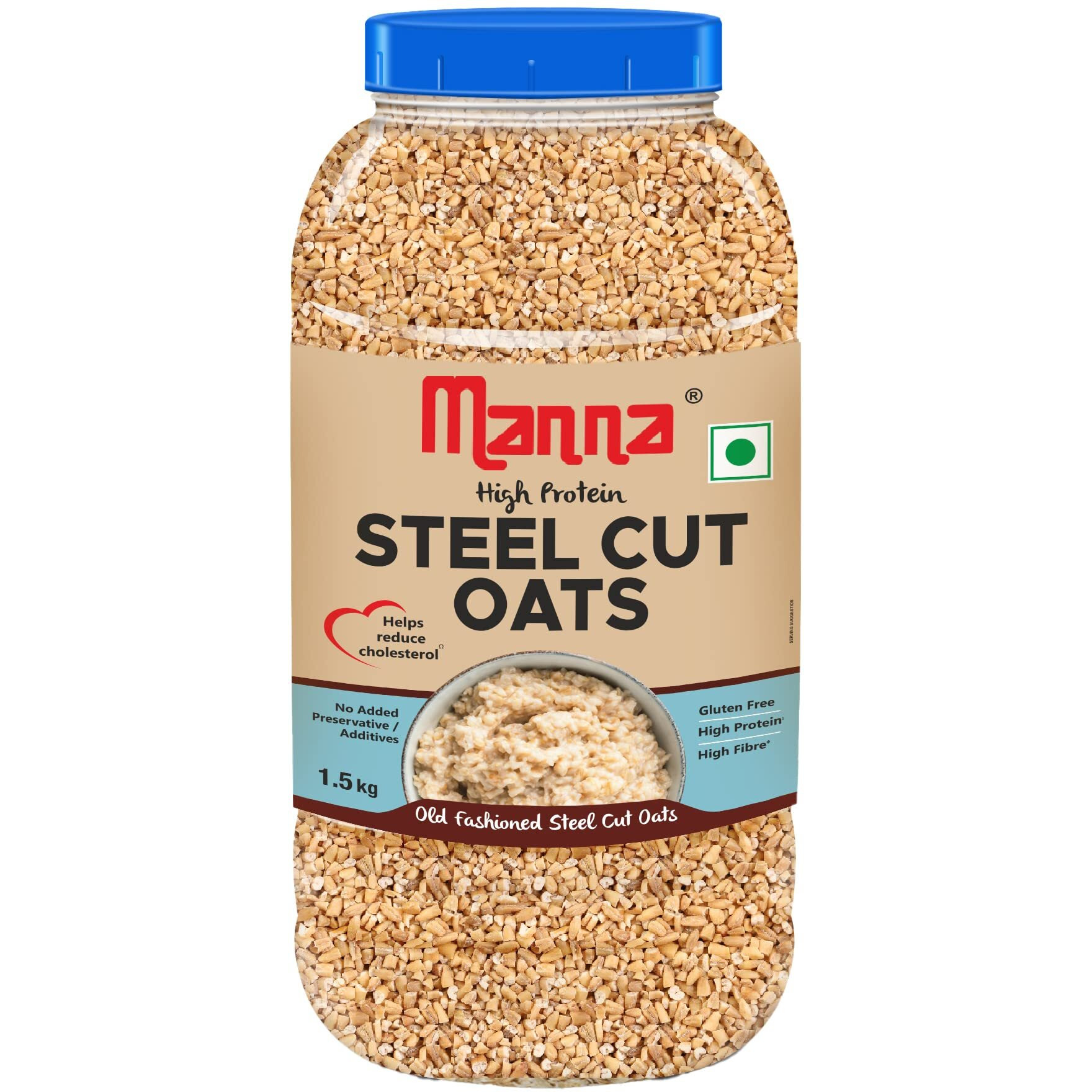 Manna 100% Steel Cut Oats 1.5 Kg | Gluten Free | Diabetic Friendly | High Protein & Fibre 1.5kg (Pack of 1)