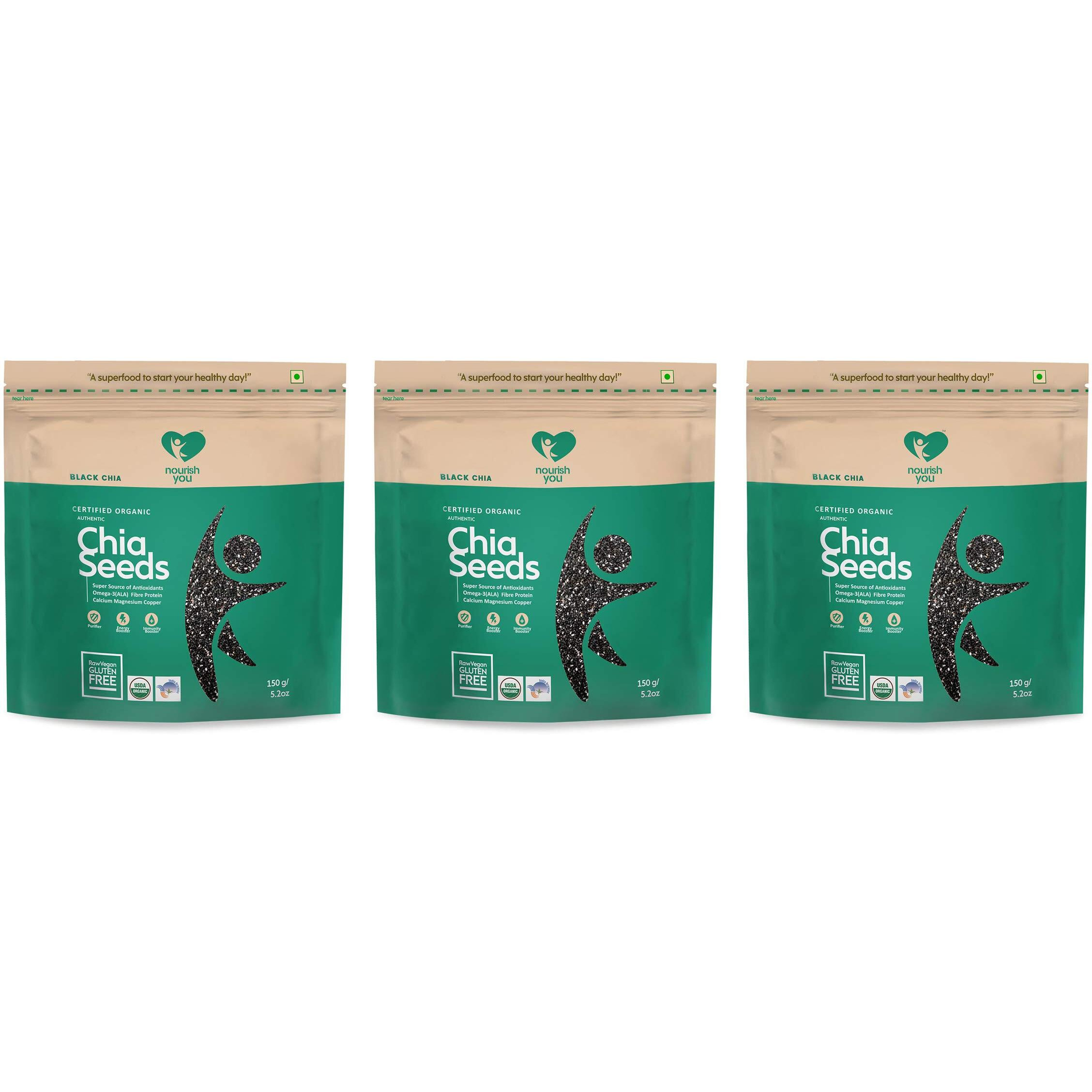 NOURISH YOU Organic Black Chia Seeds 450G | USDA Certified Grain | Gluten Free | Super Source of Calcium, Protein Fibre & Antioxidant | Healthy Snacks for Weight loss management | Pack of 3 |150G Each