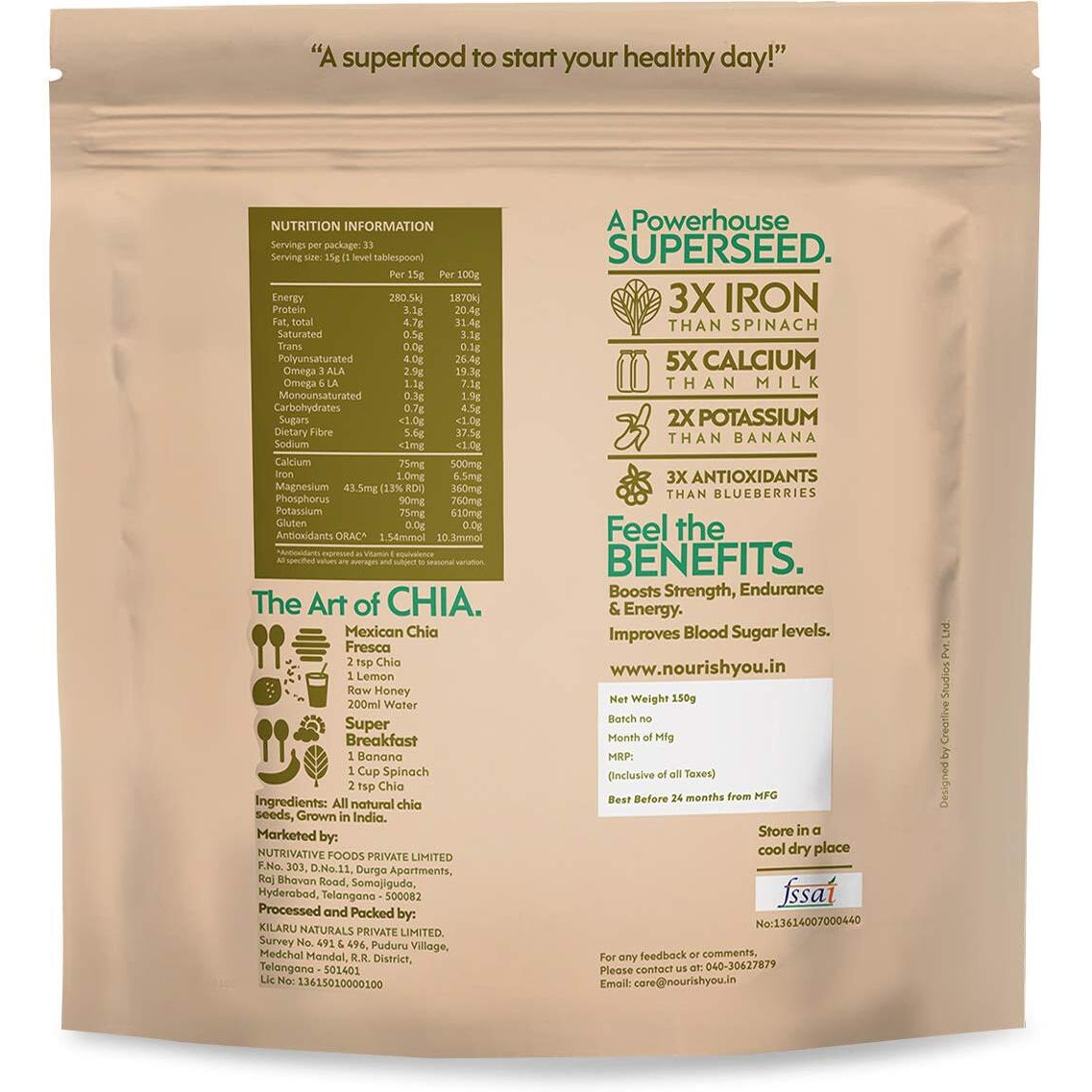 NOURISH YOU Organic Black Chia Seeds 450G | USDA Certified Grain | Gluten Free | Super Source of Calcium, Protein Fibre & Antioxidant | Healthy Snacks for Weight loss management | Pack of 3 |150G Each