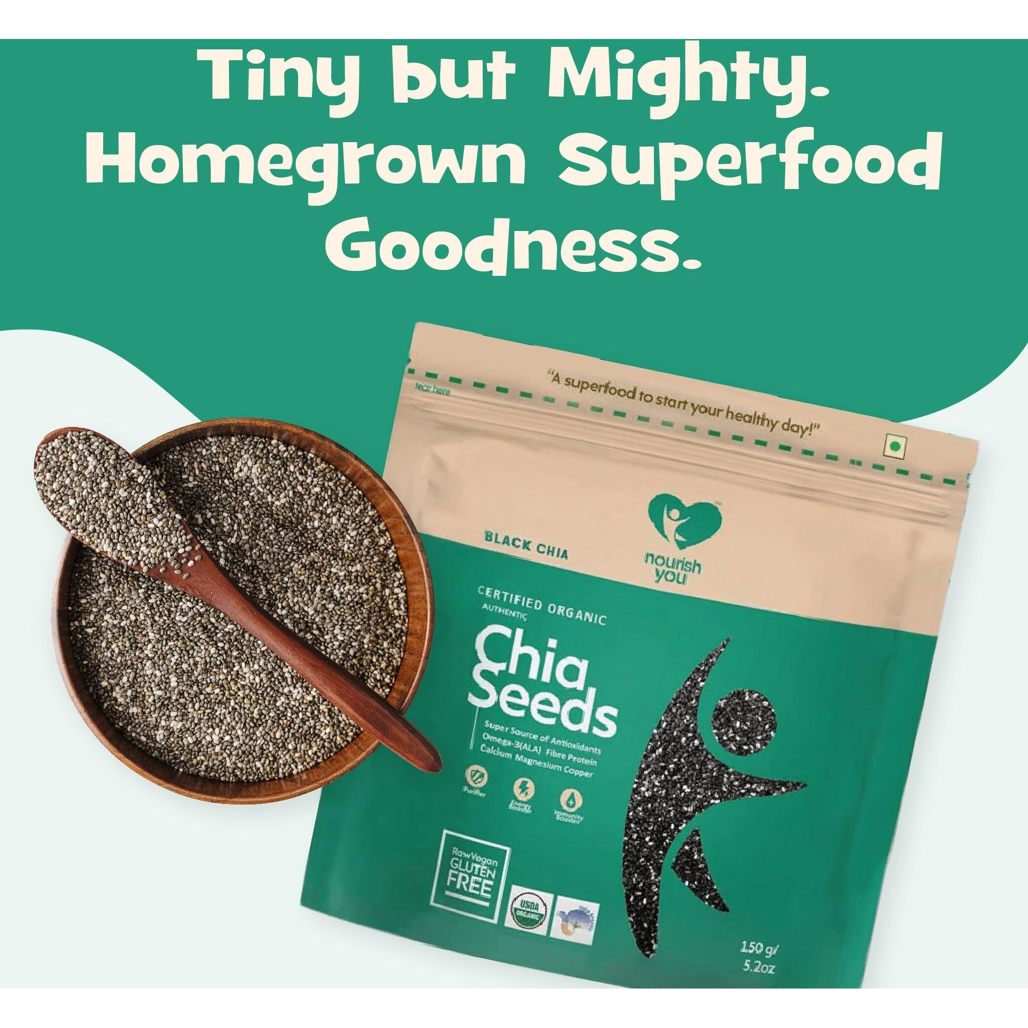 NOURISH YOU Organic Black Chia Seeds 450G | USDA Certified Grain | Gluten Free | Super Source of Calcium, Protein Fibre & Antioxidant | Healthy Snacks for Weight loss management | Pack of 3 |150G Each