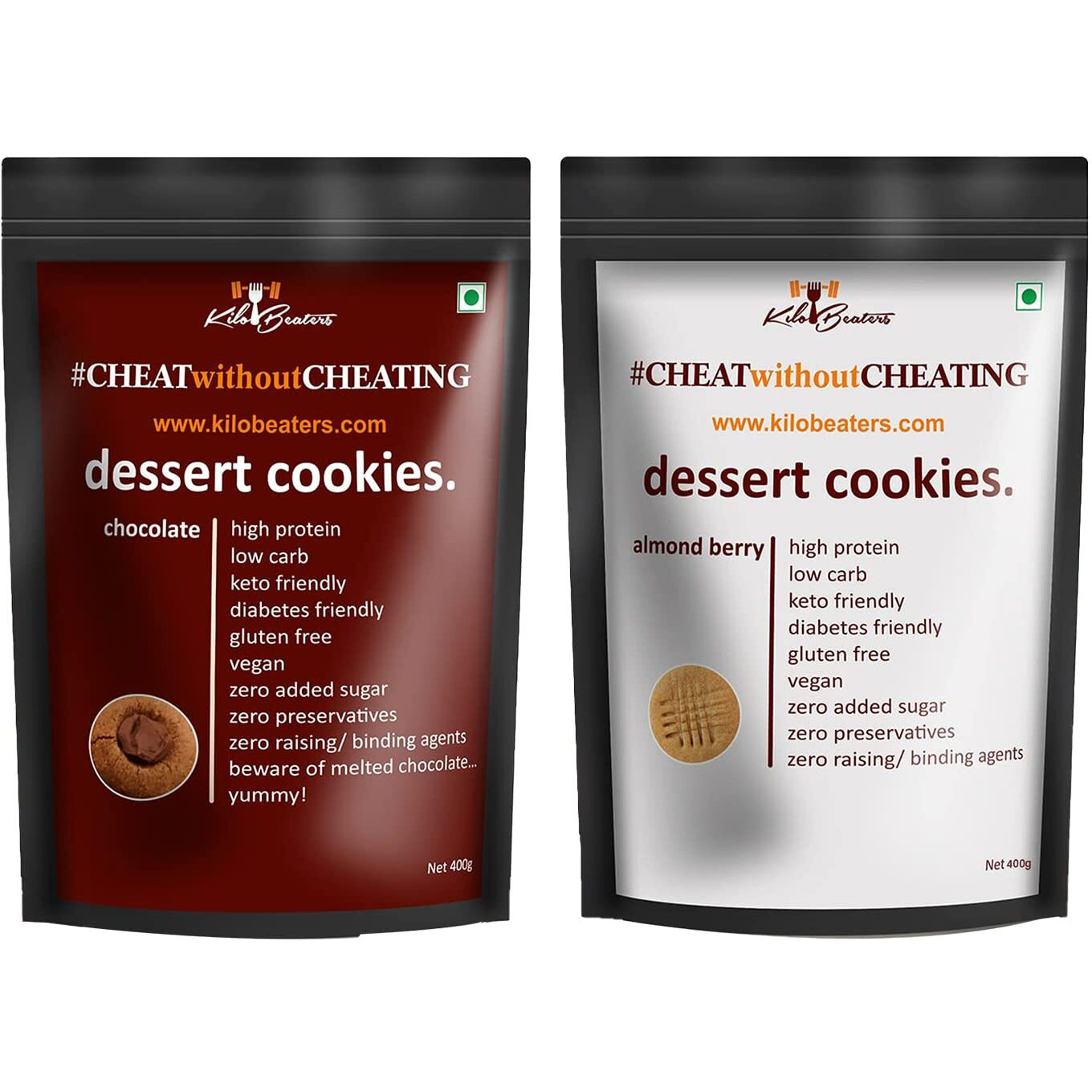 KILOBEATERS Keto Friendly Chocolate And Almond Dessert Diet Cookies Biscuits Snacks With Sugar Free, No Maida, Zero Sugar & Zero Preservatives, 400 Gram - (Combo Pack Of 2)
