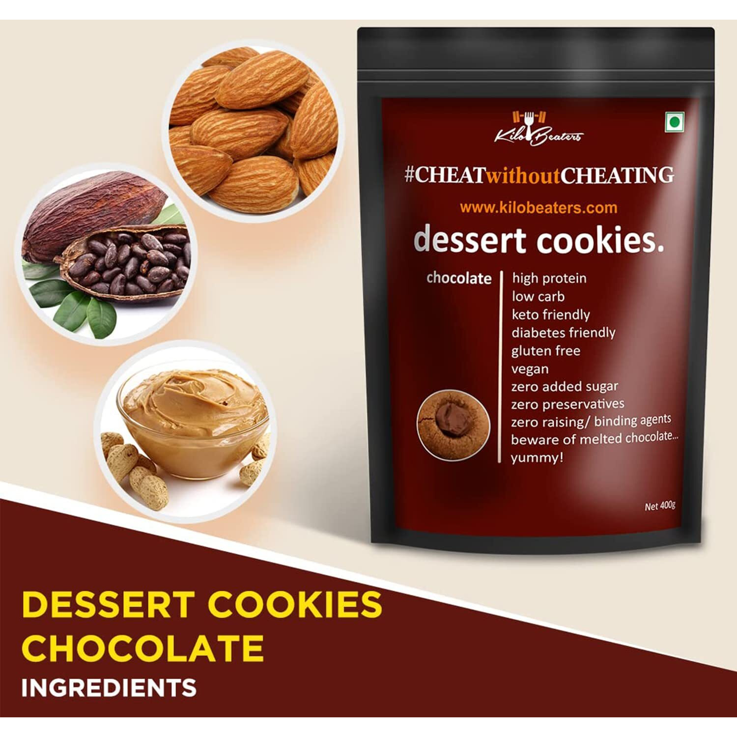 KILOBEATERS Keto Friendly Chocolate And Almond Dessert Diet Cookies Biscuits Snacks With Sugar Free, No Maida, Zero Sugar & Zero Preservatives, 400 Gram - (Combo Pack Of 2)