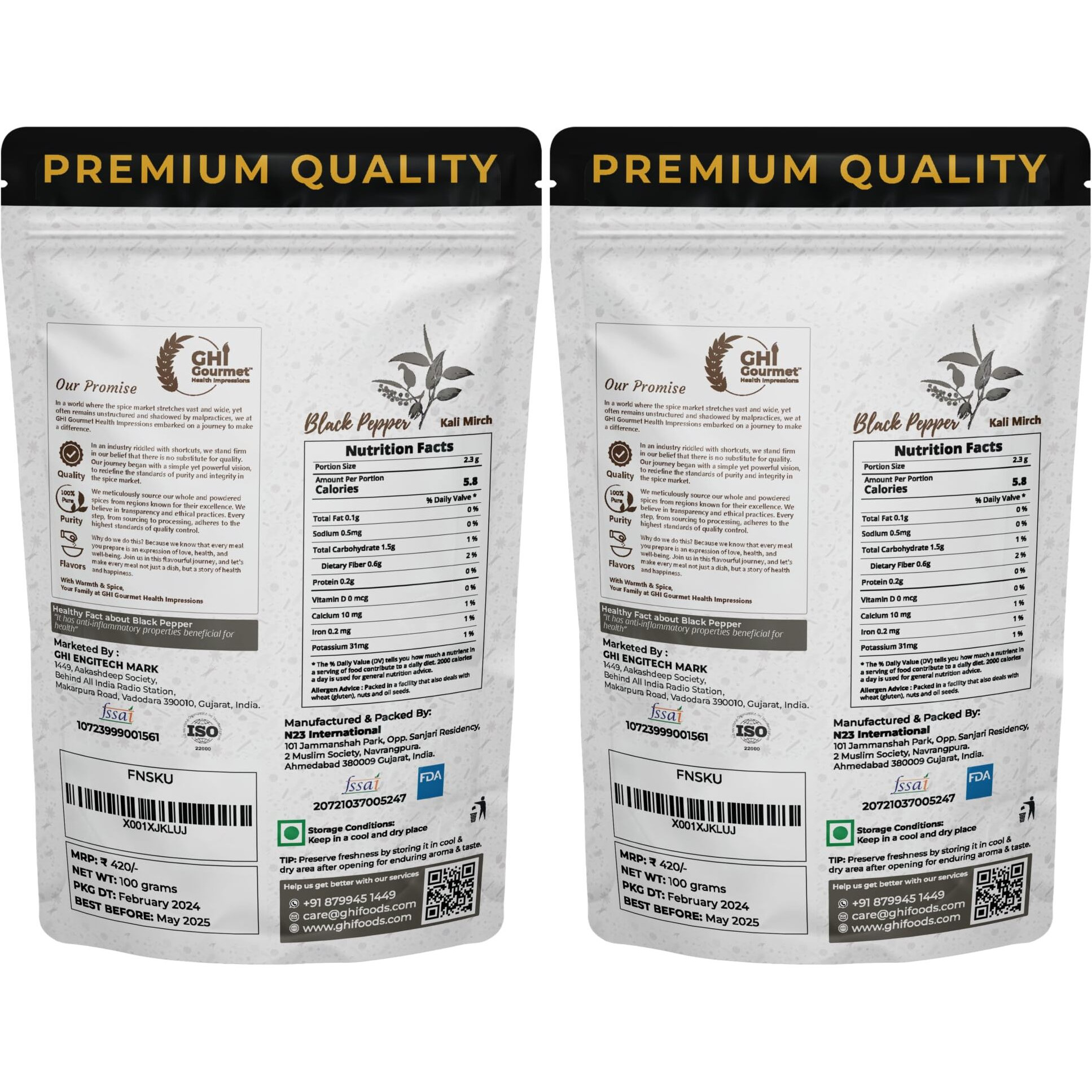 GOURMET HEALTH IMPRESSIONS Superior Grade Wayanad Region Tellycherry Bold Whole Black Pepper (Kali Mirch) (Pack Of 2 X 100G)|Net Weight 200G|Aromatic,Freshly Packed,Non-Gmo|100% Machine Sortex-600 Gl