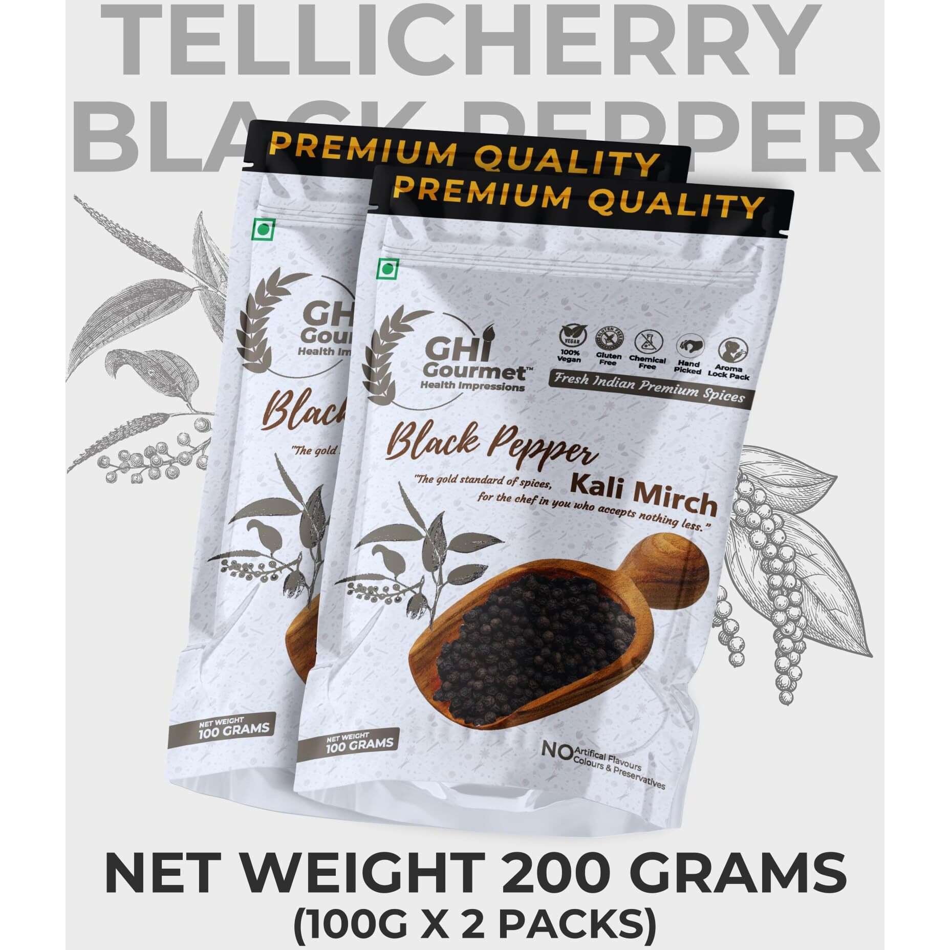 GOURMET HEALTH IMPRESSIONS Superior Grade Wayanad Region Tellycherry Bold Whole Black Pepper (Kali Mirch) (Pack Of 2 X 100G)|Net Weight 200G|Aromatic,Freshly Packed,Non-Gmo|100% Machine Sortex-600 Gl