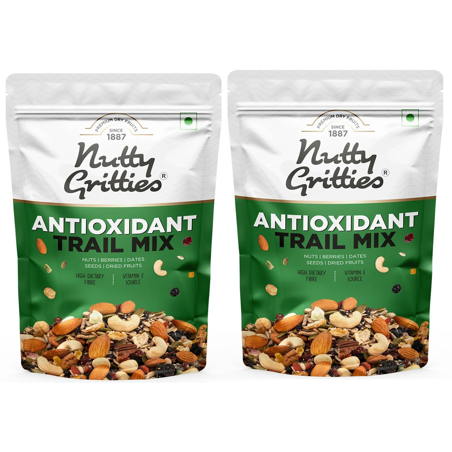 Nutty Gritties Antioxidant Trail Mix 400g | 21 Superfoods in 1 Mix | Including Almonds, Hazelnuts, Brazil Nuts, Berries, Dry Dates, Chia Seeds, Pumpkin Seeds and Many More Mixed Dry Fruits | Resealable Pouch (Pack of 2, Each Pack 200g )