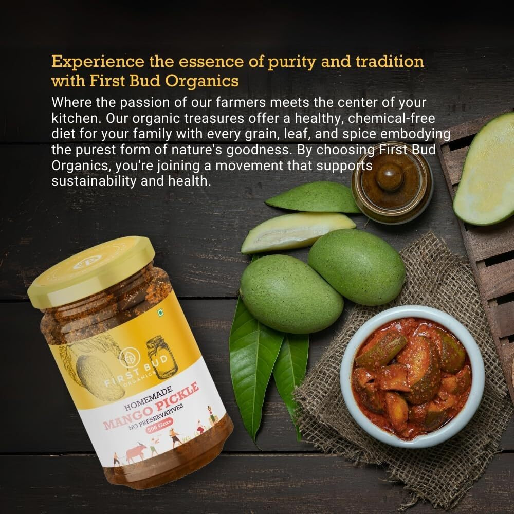 First Bud Organics Homemade Mango Pickle - 500gm x 2 | Authentic Indian Taste & Secret Rajashtani Receipe | Dry & Spicy Mango Pickle | Handmade With Fresh ingredients | Perfect For Meals & Snacks