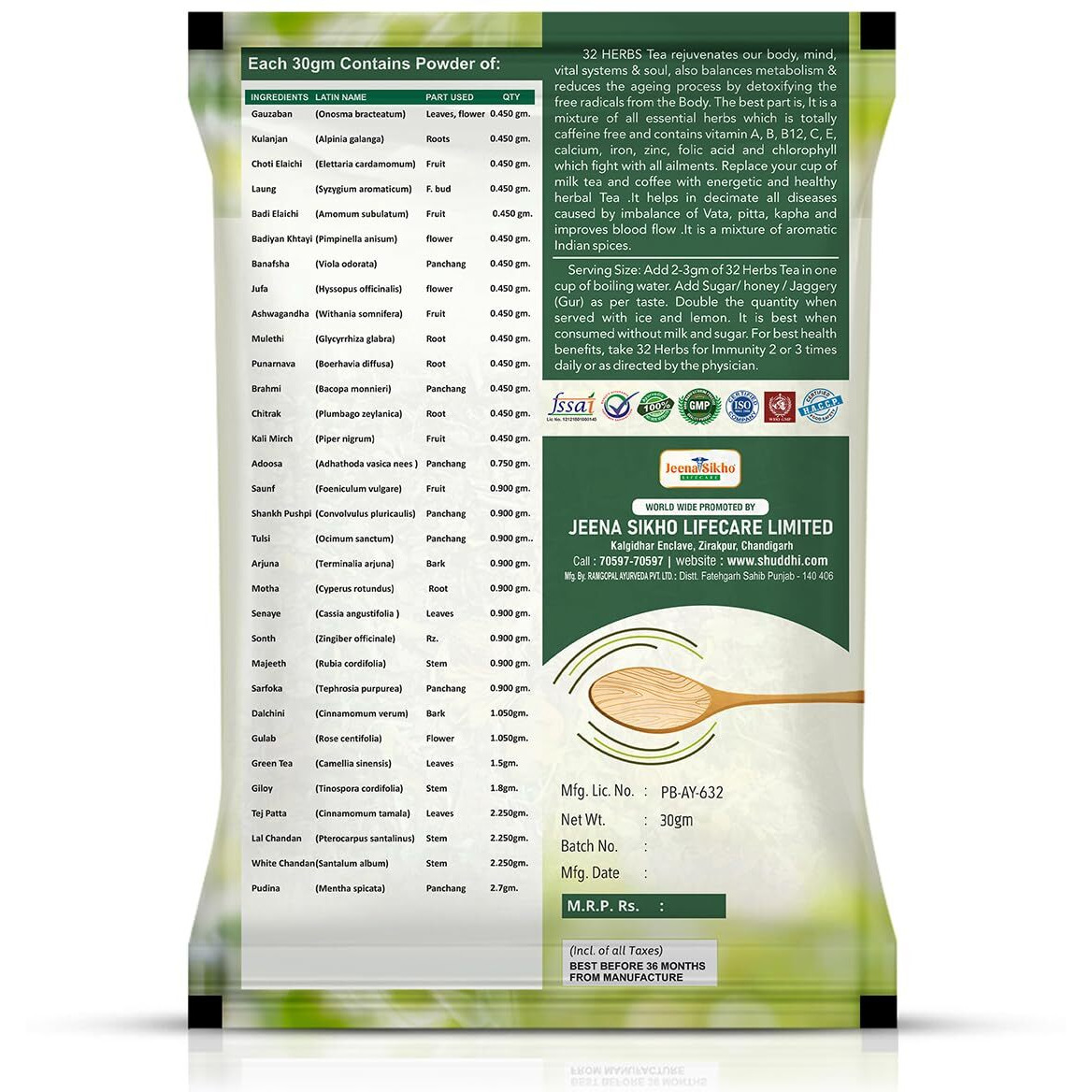 Shuddhi 32 Herbs Tea With Green Tea, Elaichi, Brahmi, Tulsi, Giloy, Laung, Gulab, Dalchini, Shank Pushpi Etc For Body Detox And Wellness Powder, 30 gram Pack Of 2