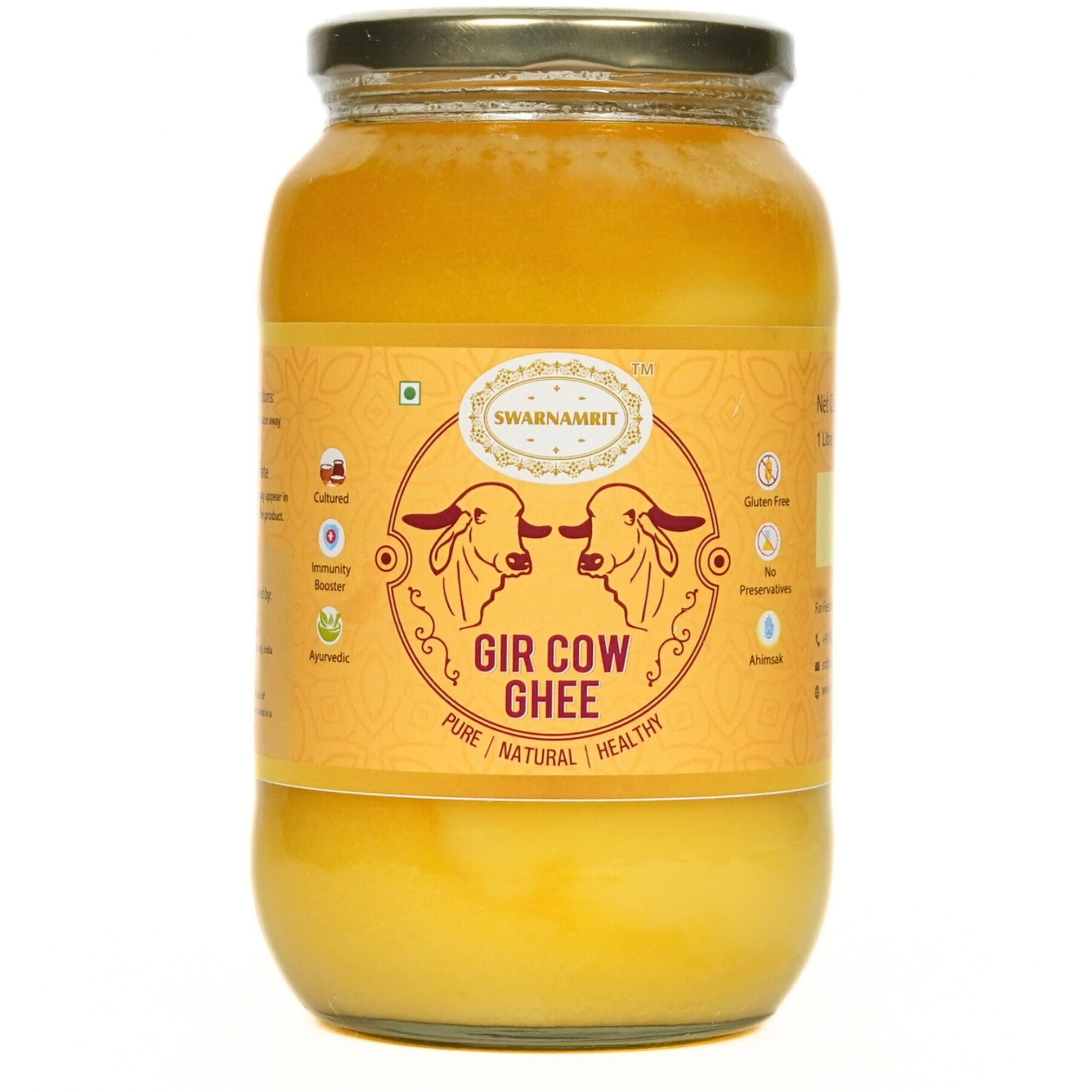 SWARNAMRIT Organic A2 Bilona Gir Cow Ghee | 1 Litre | Traditional Bilona Method | Cultured | | Immunity Booster | Pure | Natural | Healthy | Fresh | Lactose and gluten free | Glass Bottle