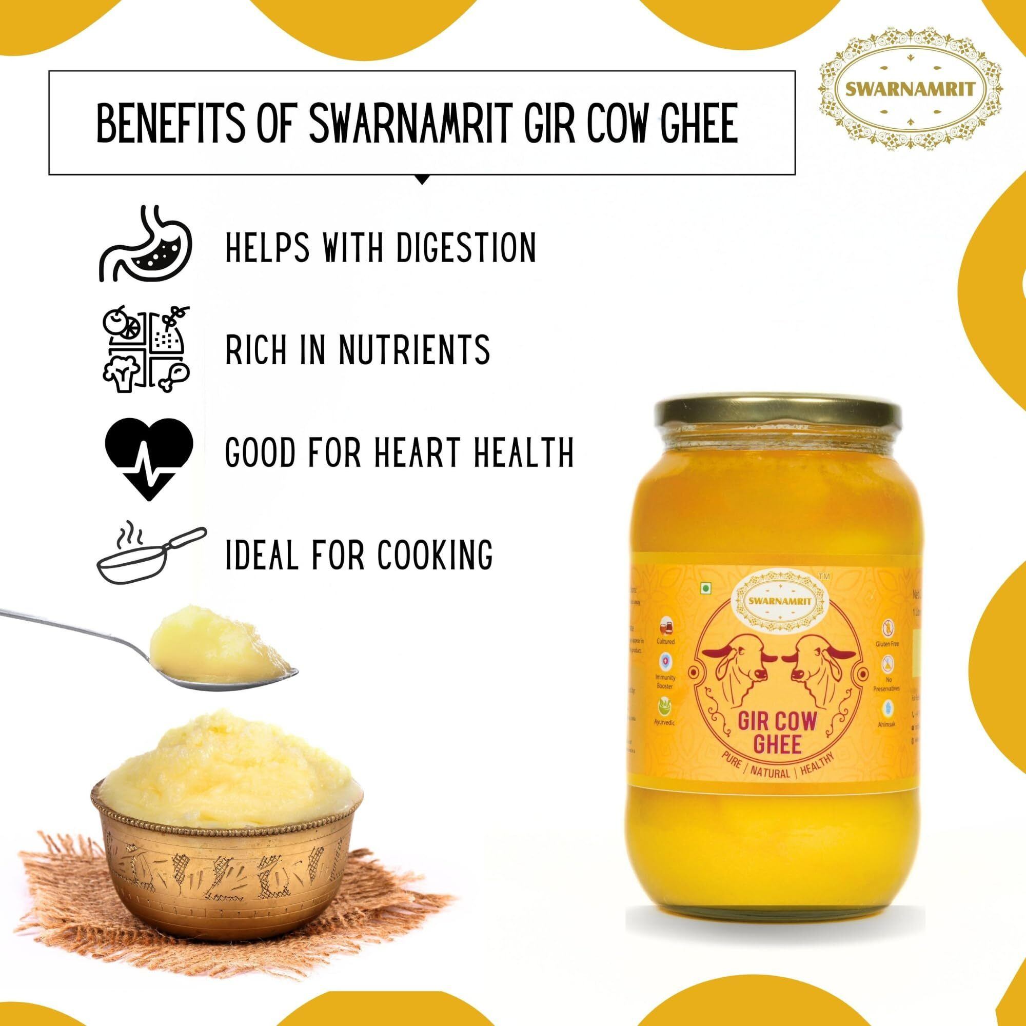 SWARNAMRIT Organic A2 Bilona Gir Cow Ghee | 1 Litre | Traditional Bilona Method | Cultured | | Immunity Booster | Pure | Natural | Healthy | Fresh | Lactose and gluten free | Glass Bottle