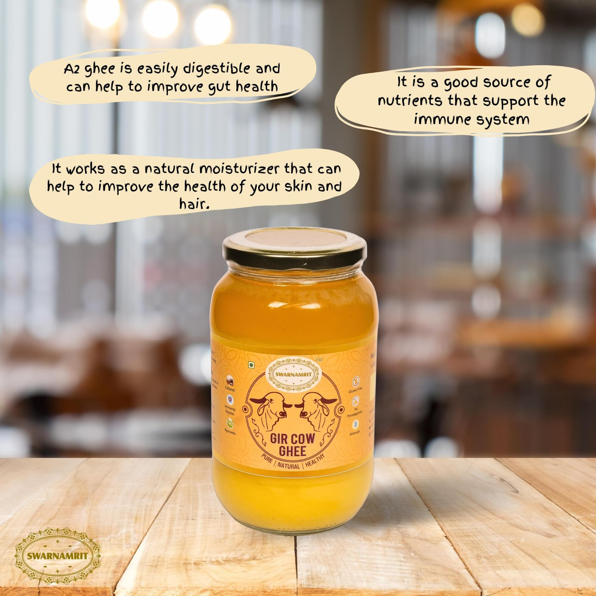 SWARNAMRIT Organic A2 Bilona Gir Cow Ghee | 1 Litre | Traditional Bilona Method | Cultured | | Immunity Booster | Pure | Natural | Healthy | Fresh | Lactose and gluten free | Glass Bottle