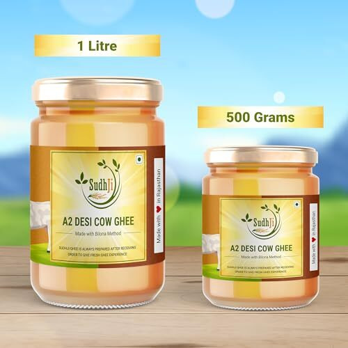 SUDHJI A2 Cow Desi Ghee 1 Litre Glass Jar 100% Churned With Traditional Vedic Bilona Method Grassfed Premium Bilona Ghee | Lab Certified