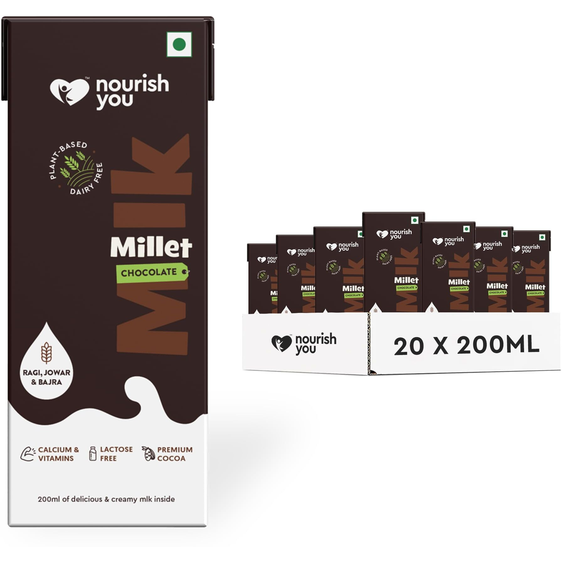 Nourish You Plant Based Millet Mlk with goodness of Ragi, Jowar, Bajra & Oats | Dairy Free | Preservatives free |Healthy Vegan Creamy Mlk Unsweetened | Chocolate Flavour Mlk | 4 L (200 ml each  20)