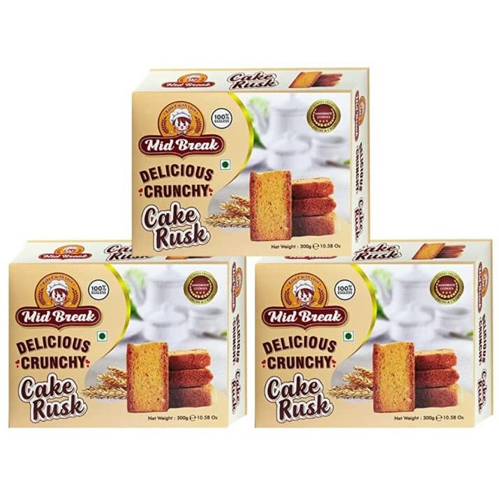 Mid Break - Cake Rusk | Extra Soft | Cake Rusk | 100% Eggless | Premium Handmade Cake Rusks | 300 Gm x 3 | Pack of 3