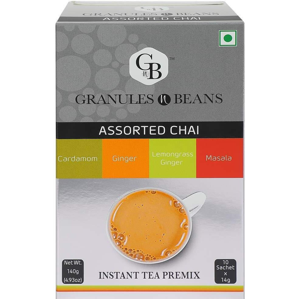 GnB GRANULES n BEANS Granules N Beans Assorted Chai (Cardamom, Ginger, Lemongrass Ginger, Masala) Instant Tea Premix - (10 Sachet X 14G  140 Gram) (Pack Of 16)
