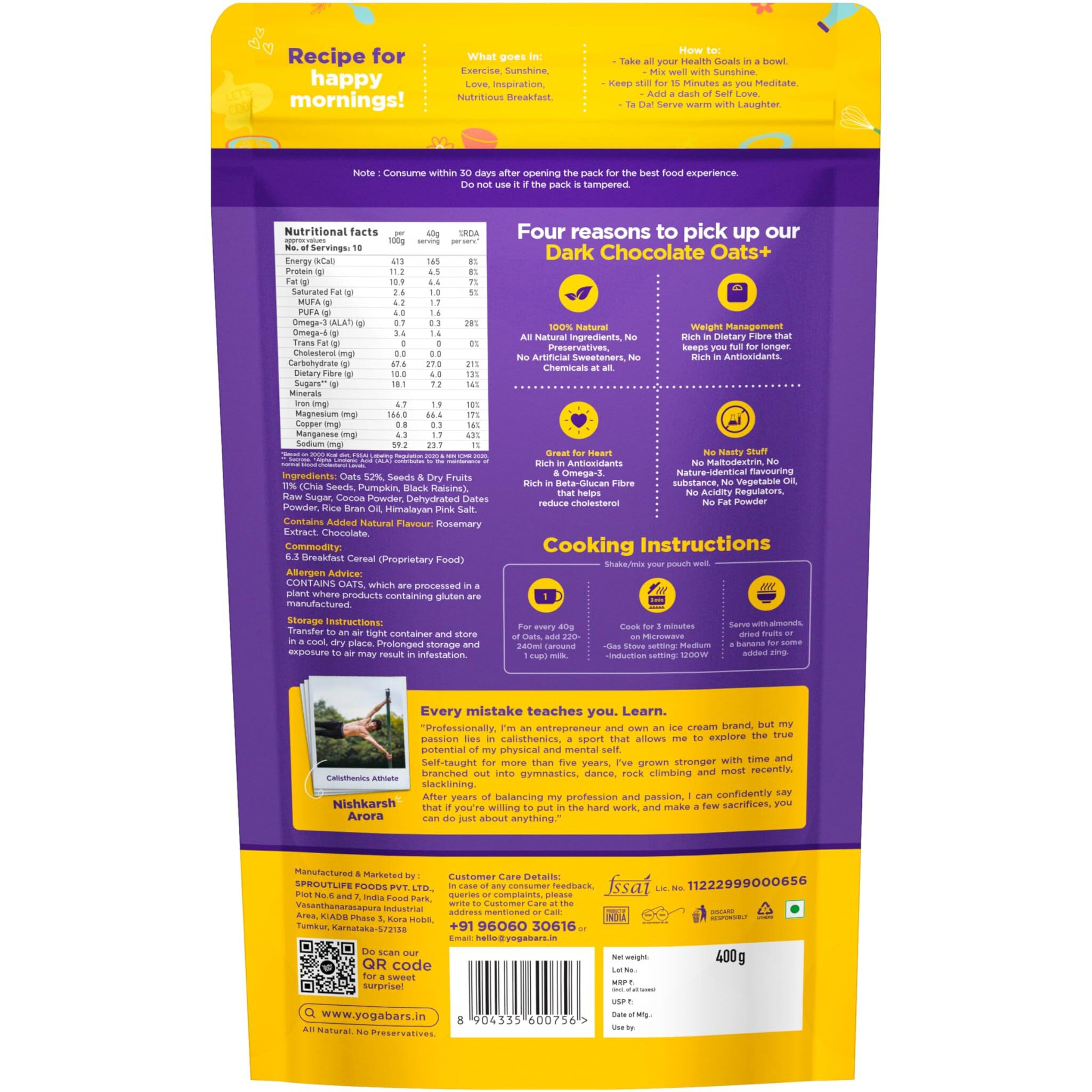 Yogabar Dark Chocolate Oats 400g | Gluten Free Golden Oats | Healthy Breakfast Cereal with Wholegrain Oats (Dark Chocolate Oats, 800g)