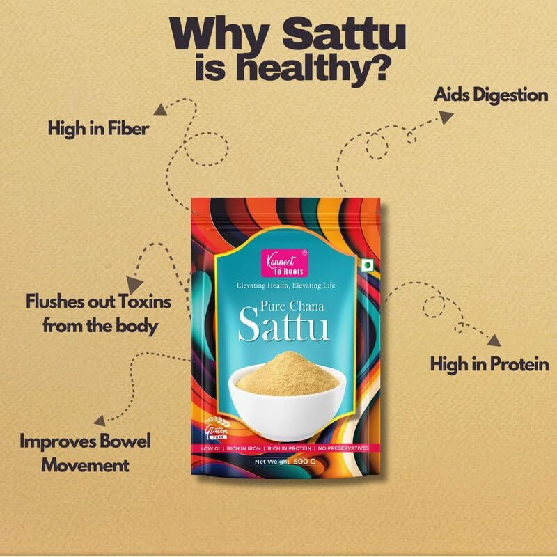 Konnect To Roots Sattu Powder 2kg | Roasted Chana Flour | 100% Natural & Gluten Free Chana Sattu l Roasted Gram Atta with High Fiber | 500gm x4 (Pack of 4)