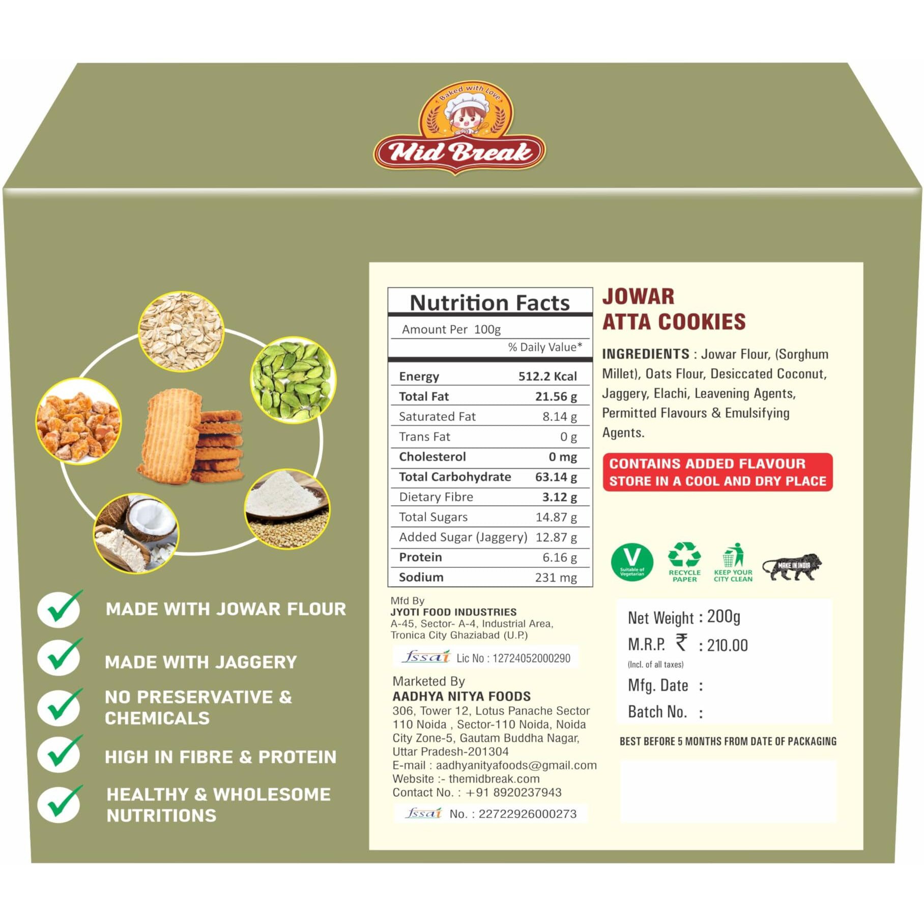 Mid Break Jowar Atta Biscuits | Millets Cookies | Gluten Free | Maida and Egg Free Biscuits Snack With No Added Sugar & Palm Oil | Oven Fresh Biscuits | High In Fiber, Protein & Wholesome Nutrition | 600g | Pack of 3