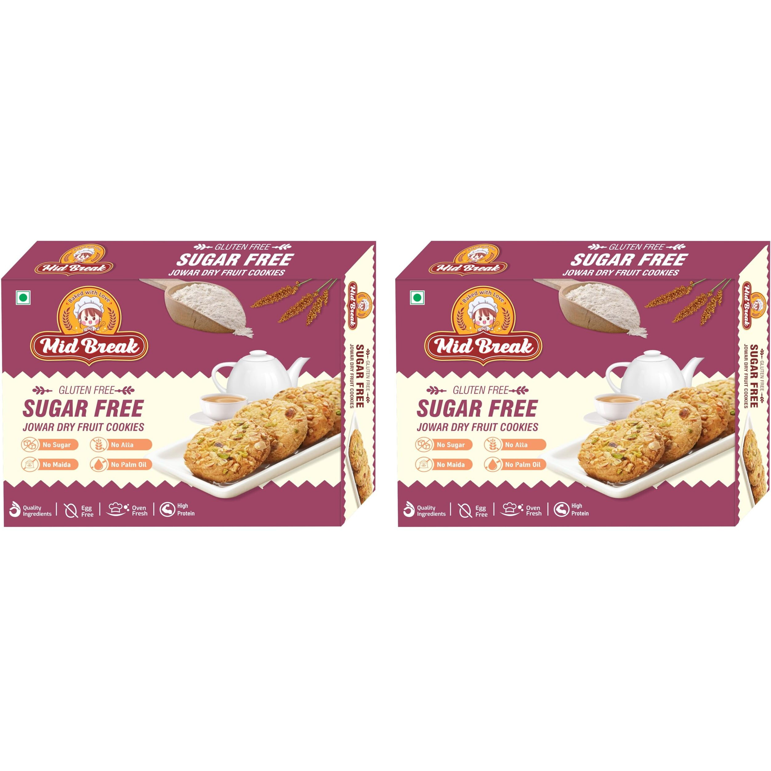 Midbreak Sugar Free Jowar (Sorghum) Millets & Dry Fruit Cookies | Gluten-Free | Ideal for Diabetics, Calorie Watchers, and Gym Goers | Pack of 2 | 400g