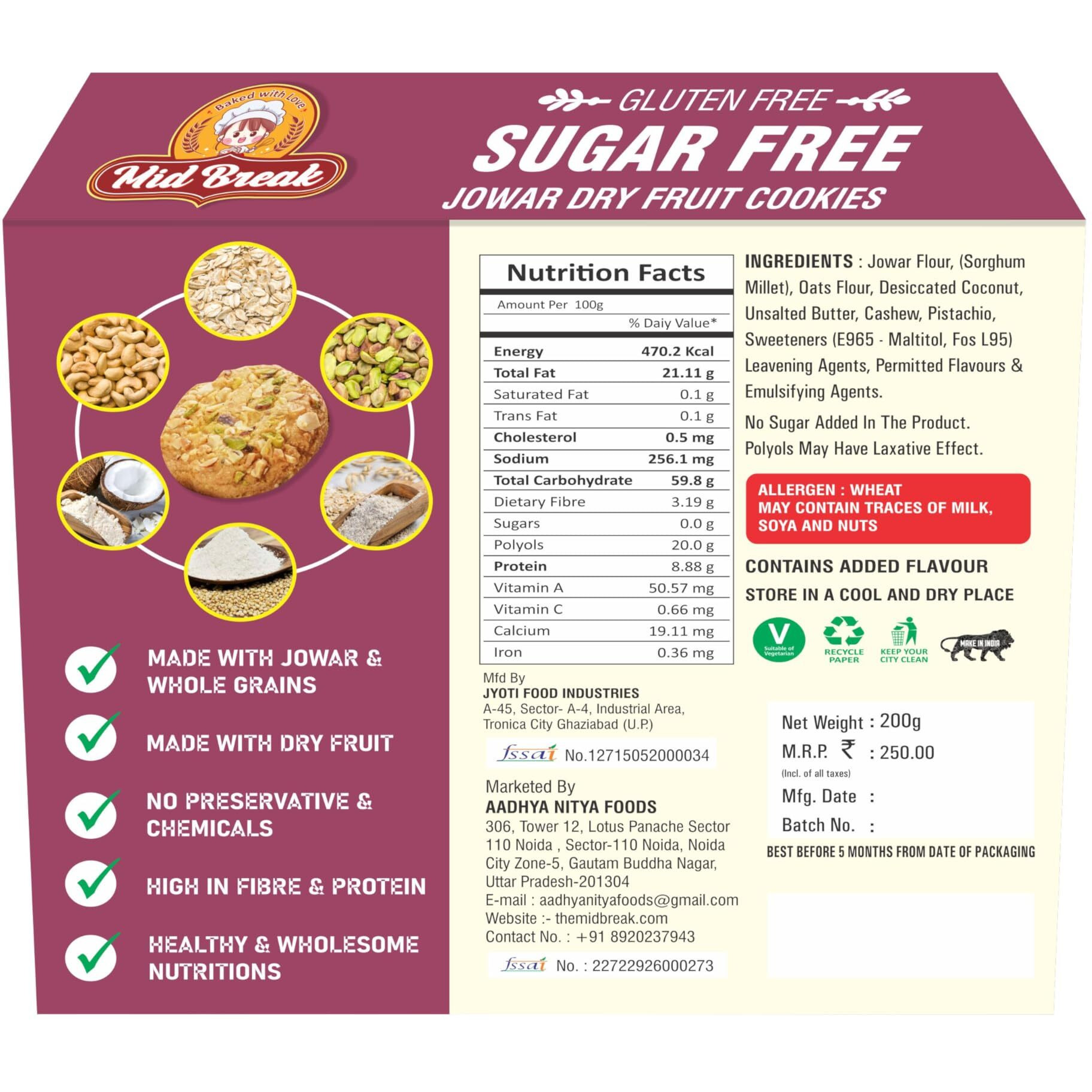 Midbreak Sugar Free Jowar (Sorghum) Millets & Dry Fruit Cookies | Gluten-Free | Ideal for Diabetics, Calorie Watchers, and Gym Goers | Pack of 2 | 400g