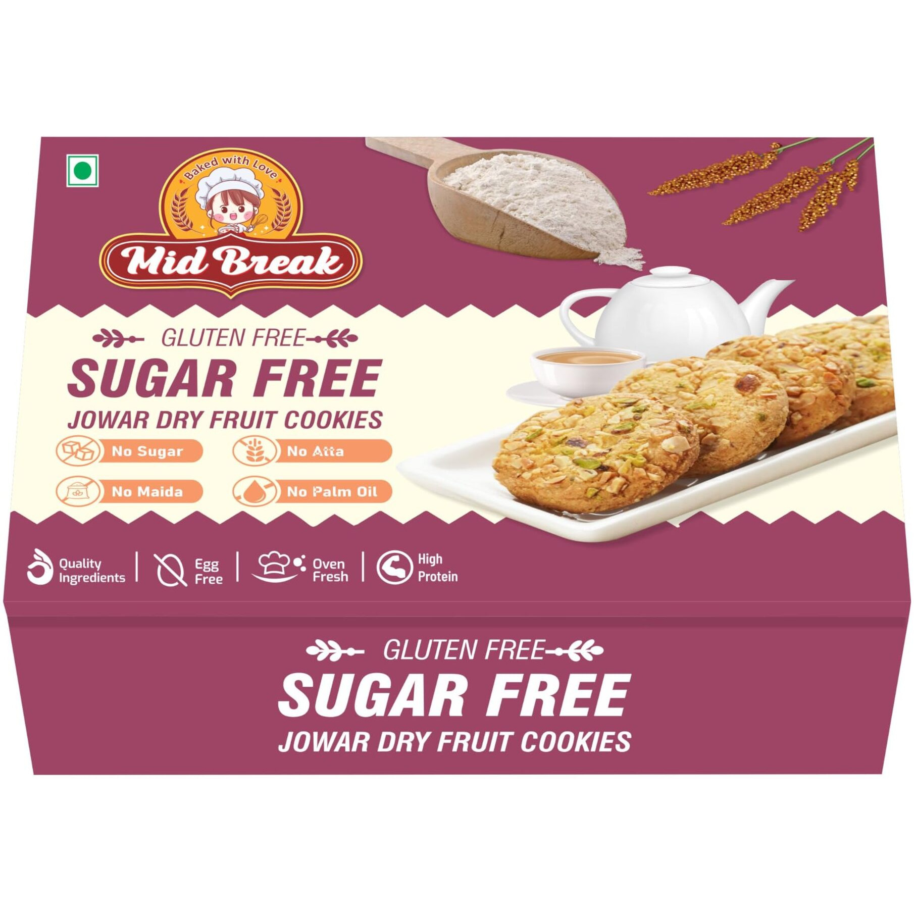 Midbreak Sugar Free Jowar (Sorghum) Millets & Dry Fruit Cookies | Gluten-Free | Ideal for Diabetics, Calorie Watchers, and Gym Goers | Pack of 2 | 400g