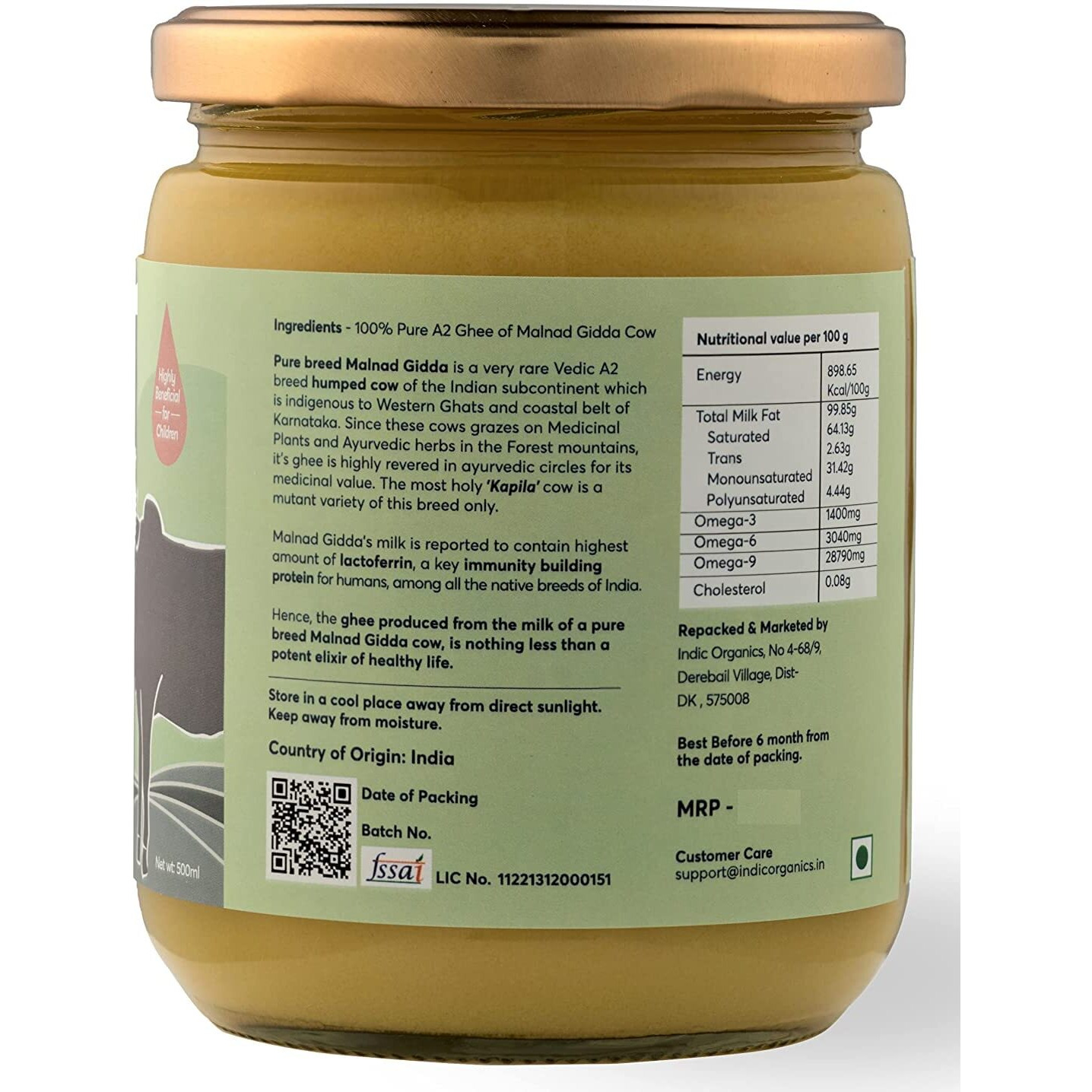Indic Organics Forest Grazing Rare Malnad Gidda Desi Cows A2 Ghee|Ayurvedic & Medicinal Bilona Ghee|Combination Of Naturally Balanced Omega 369 Ratio (250 Ml)
