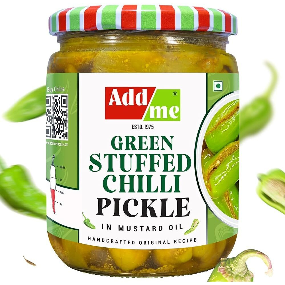 Add me Rajasthani Home Made Green Stuffed Chilli Pickle 500gm athana Hari mirchi ka bharwa achar Pickles Glass Pack