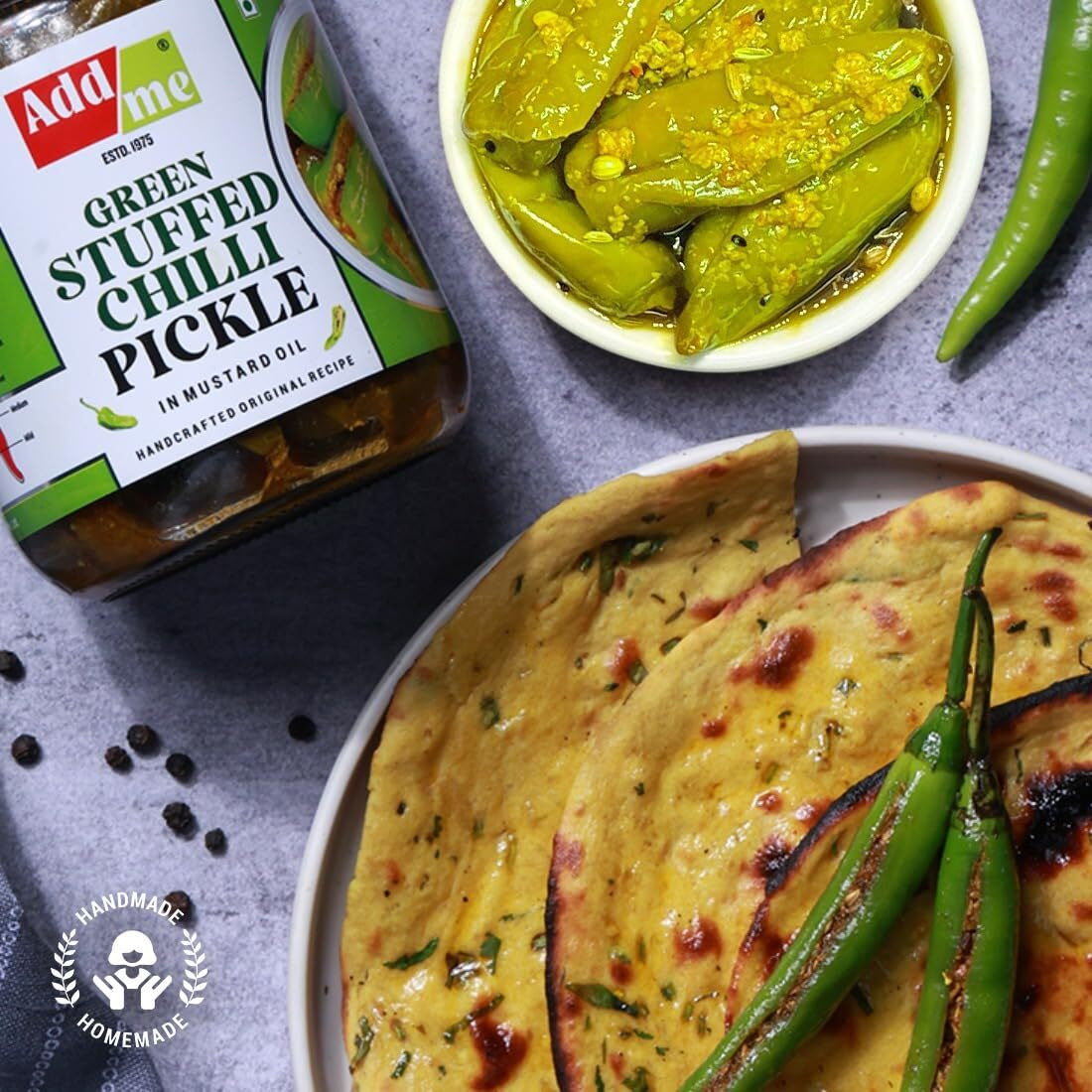 Add me Rajasthani Home Made Green Stuffed Chilli Pickle 500gm athana Hari mirchi ka bharwa achar Pickles Glass Pack