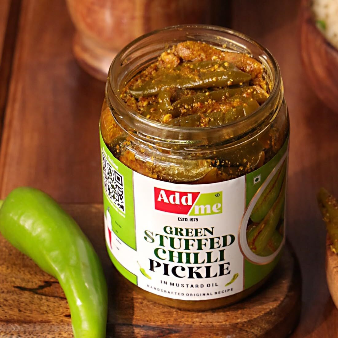 Add me Rajasthani Home Made Green Stuffed Chilli Pickle 500gm athana Hari mirchi ka bharwa achar Pickles Glass Pack