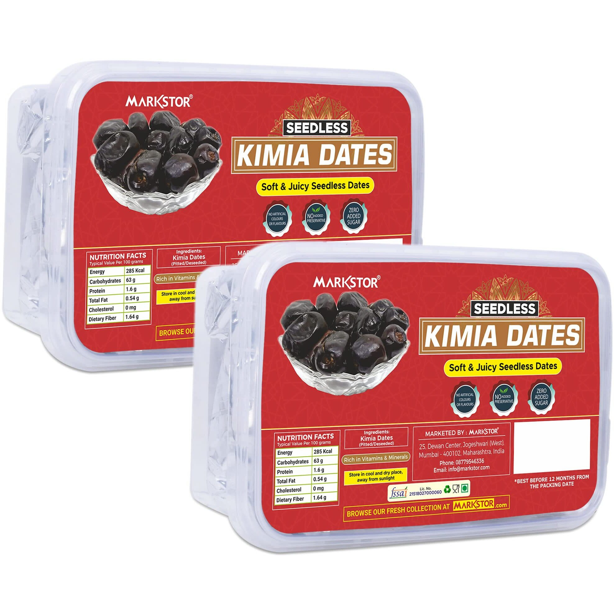 MARKSTOR Seedless Kimia Dates, Soft & Juicy Seedless Dates (Khajoor/Khajur), Fresh, 1 Kilogram (500 Grams X 2), No Added Sugar