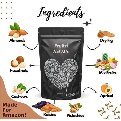 Fruitri Super Healthy Nuts Mix - 500g, Natural, Fresh Dried Fruits and Nuts Mix - Perfectly Balanced Dry Fruits Mixed Pack, 9+ Nut Mix for Anytime Snacking
