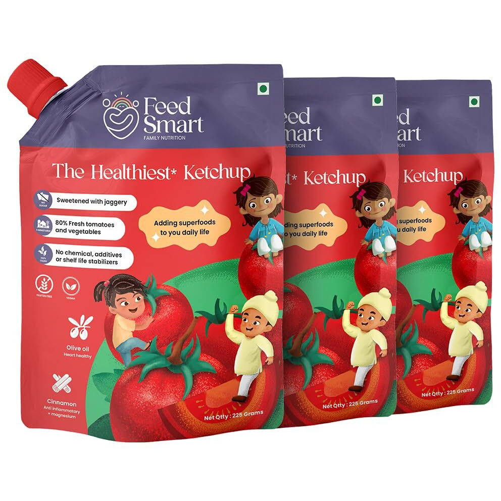 FeedSmart Feed Smart Tomato Ketchup | 80% Fresh Tomatoes, Jaggery Sweetened, Chemical-Free, No Additives | 100% Clean, Farm Fresh, Real Red Ripe Joy In Every Bite | 225Gm (Pack Of 3)