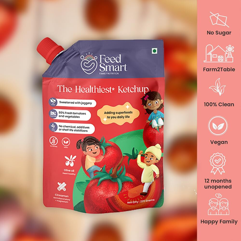 FeedSmart Feed Smart Tomato Ketchup | 80% Fresh Tomatoes, Jaggery Sweetened, Chemical-Free, No Additives | 100% Clean, Farm Fresh, Real Red Ripe Joy In Every Bite | 225Gm (Pack Of 3)