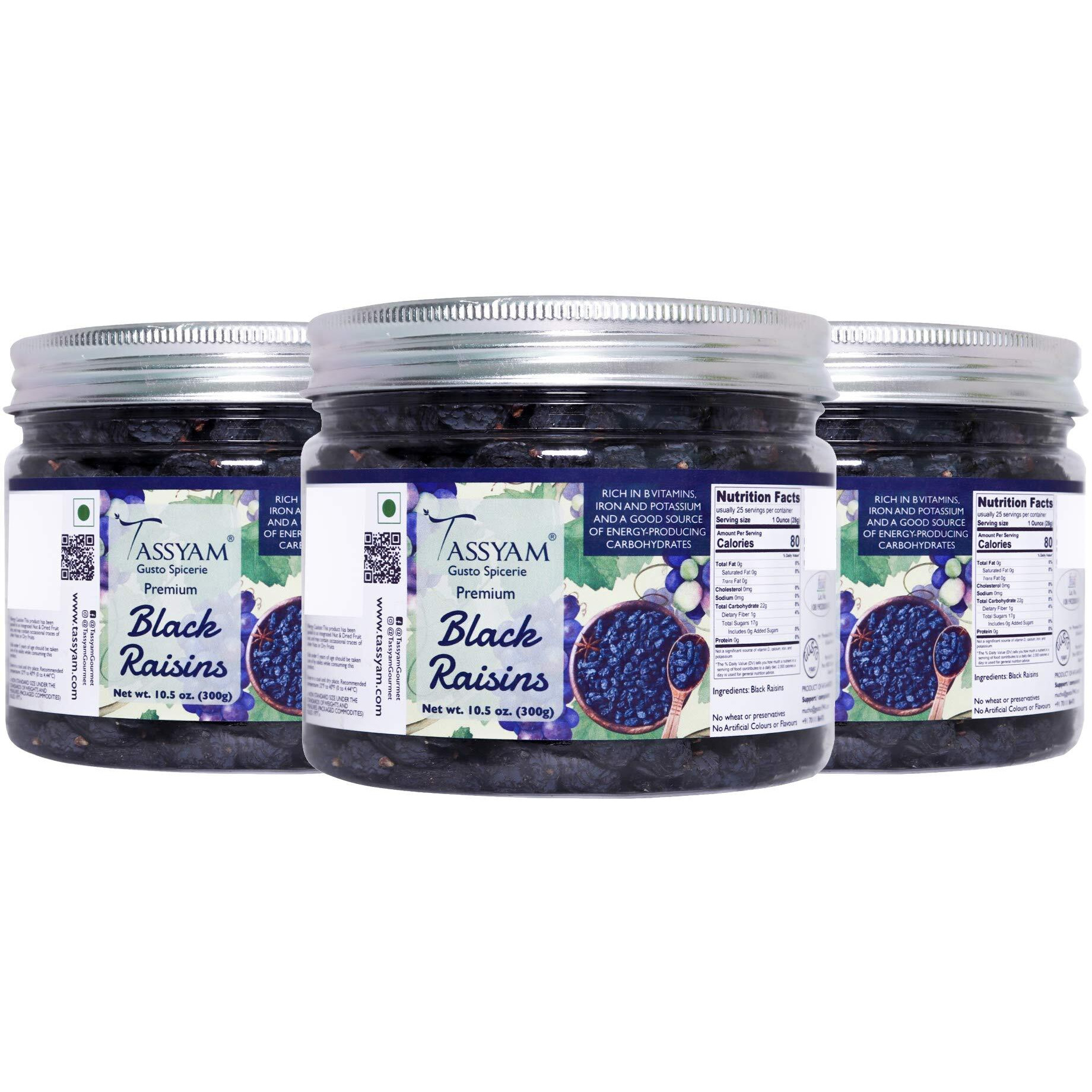 Tassyam Premium Hand Picked Black Raisins 900g (3x 300g) Jar | Healthy Natural Dry Fruits Luxury Pack of Kali Draksh Kishmish