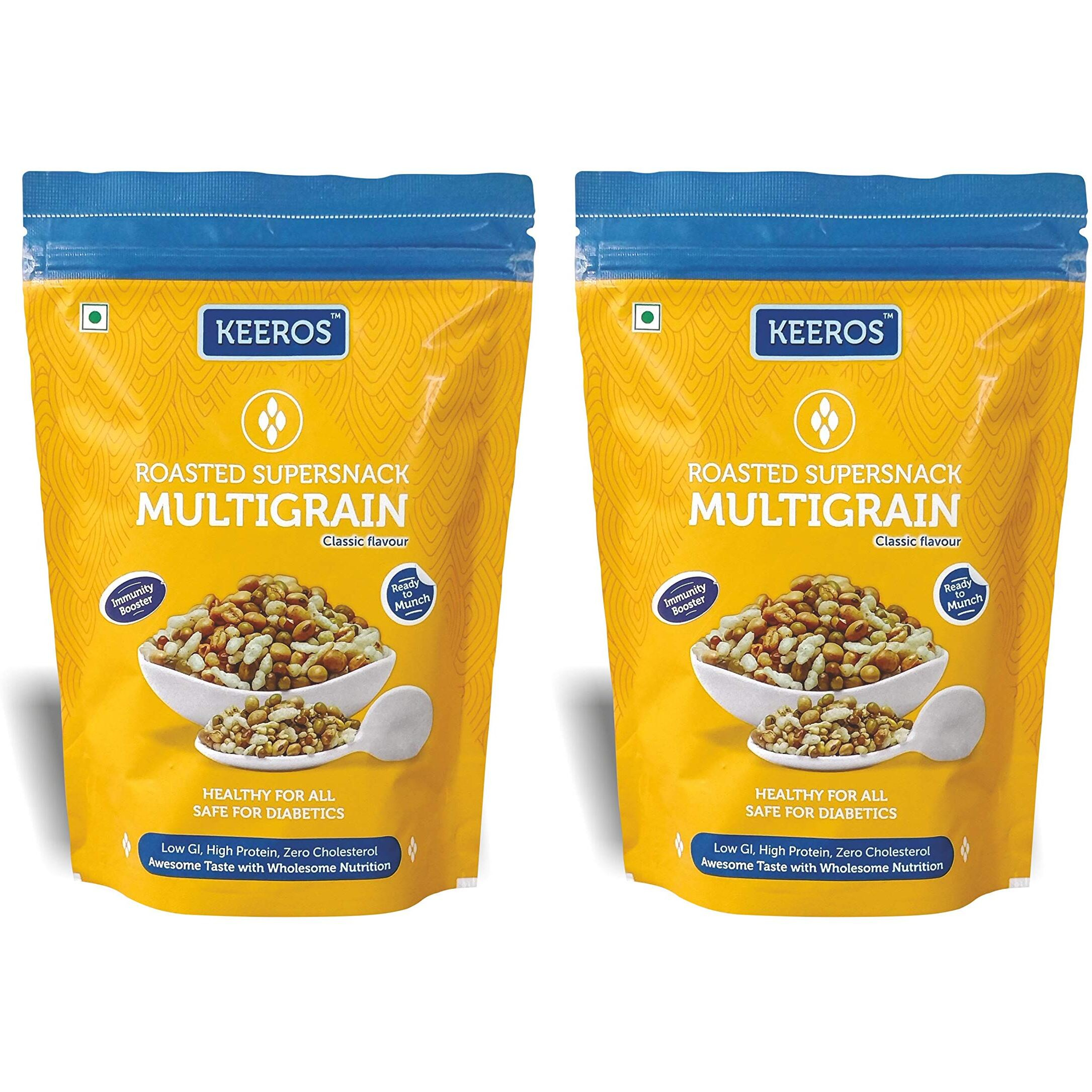 Keeros Multigrain Healthy & Diabetic Friendly Roasted Snacks | Low GI, Crispy, Tasty & Lightly Salted Mix of Pearl Millets & 5 supergrains | Diet Namkeen & Snacks for Weight Loss | Pack of 2x400g