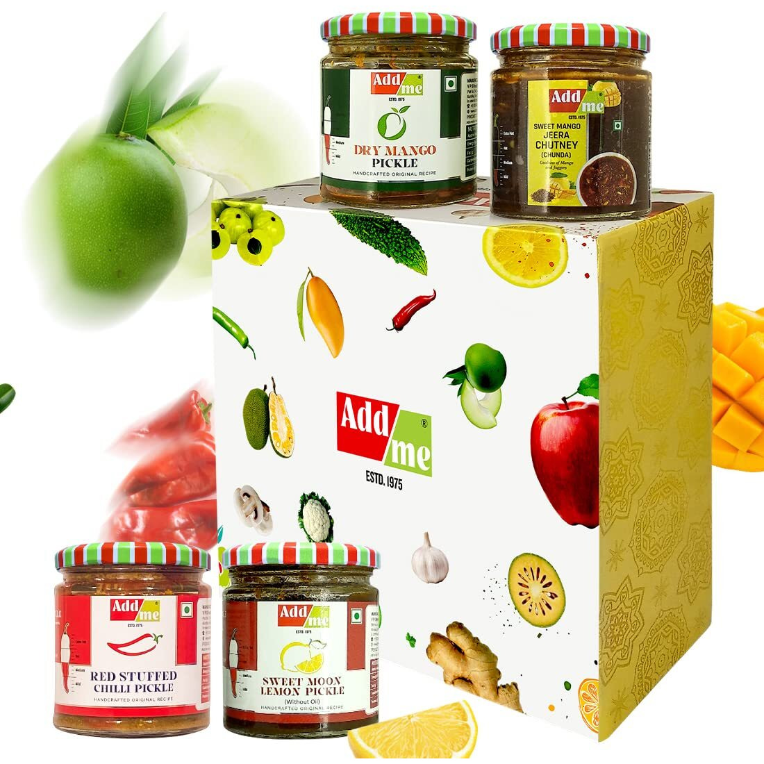 Add me Pickle Box Combo Pack 4in1 Red Chilli Pickle 200gm, Dry Mango Pickle 150gm, Sweet Mango Jeera Chutney Chunda 200gm, Sweet Lemon Pickle 200gm Gift Pack of 4, Glass Jar