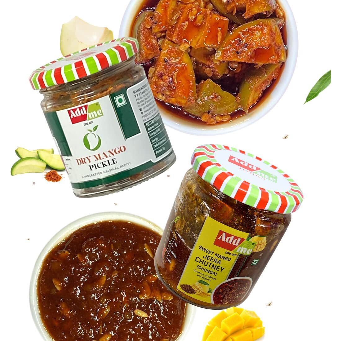 Add me Pickle Box Combo Pack 4in1 Red Chilli Pickle 200gm, Dry Mango Pickle 150gm, Sweet Mango Jeera Chutney Chunda 200gm, Sweet Lemon Pickle 200gm Gift Pack of 4, Glass Jar