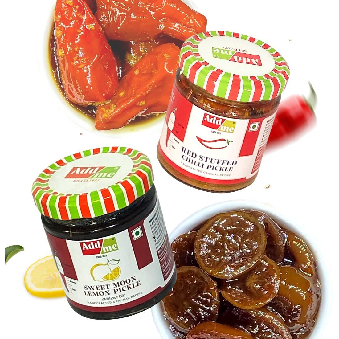 Add me Pickle Box Combo Pack 4in1 Red Chilli Pickle 200gm, Dry Mango Pickle 150gm, Sweet Mango Jeera Chutney Chunda 200gm, Sweet Lemon Pickle 200gm Gift Pack of 4, Glass Jar